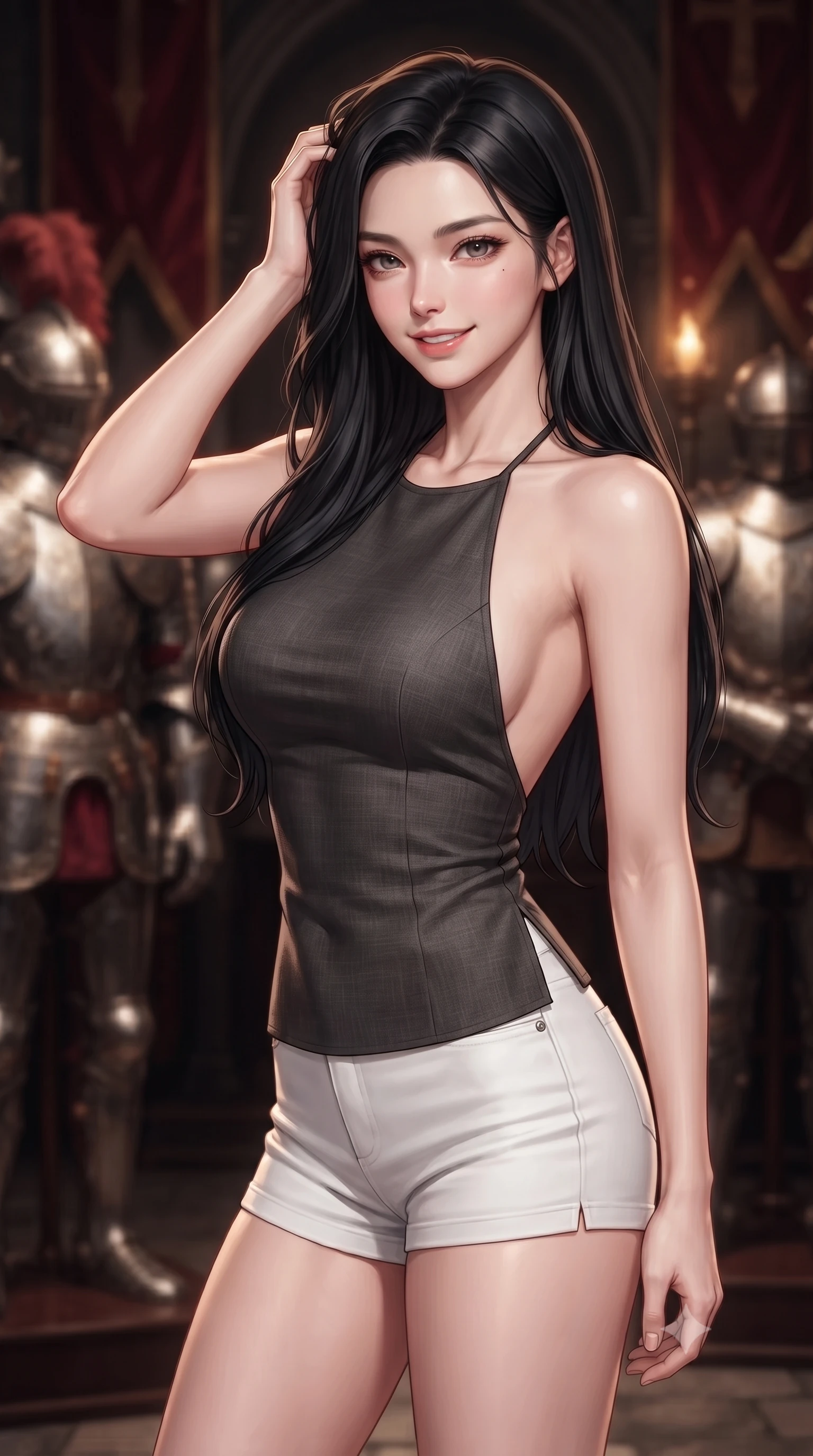score_9, masterpiece, best quality, ultra-detailed, high-budget anime keyframe, editorial fashion photography, tasteful artistic composition, Korean woman. close-up cowboy shot from the waist and thighs up, the character dominates the composition, filling the frame with her large presence, background elements kept in soft focus. smiling with quiet, magnetic self-assurance directly into the camera, running a hand through her hair the background shows a soft-focus a gothic armory hall with engraved knight armors and velvet banners. She has an exceptionally elegant, slender, and willowy female figure with an ultra-slim waist, a gracefully sculpted slender torso, and a refined silhouette. sharp v-shaped jawline, high-bridge nose, intricate jewel-like eyes with depth, thick eyelashes, glossy lips with a natural sheen. wearing a body-hugging stylish linen halter top with an open-back design, paired with white micro-shorts. focused warm spotlights highlighting polished metallic armors and her outfit. ultra-reflective glossy finish, specular highlights, metallic sheen, high-contrast stereoscopic depth, volumetric dynamic lighting, 2k, ultra detail, master piece, 9:16 ratio