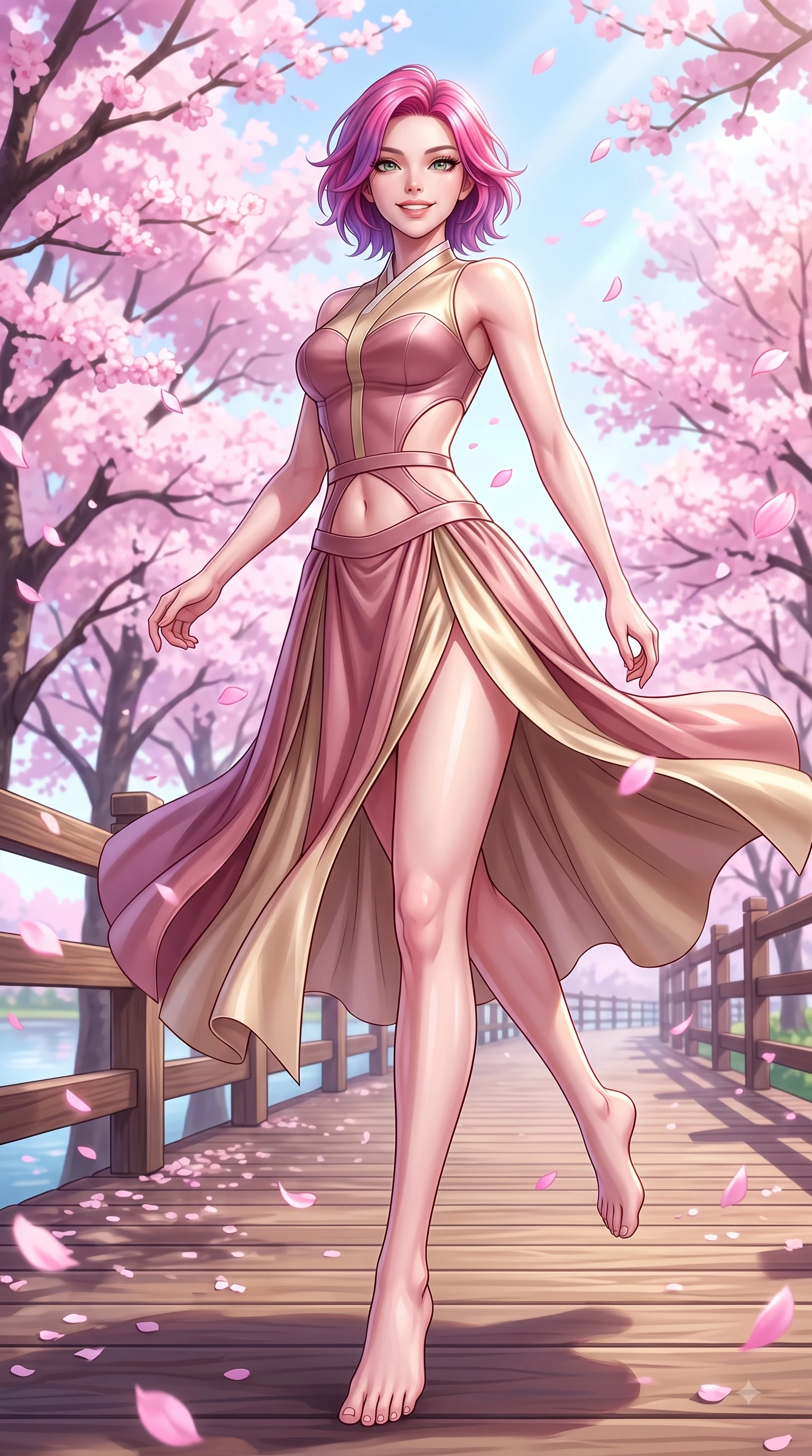 score_9, masterpiece, best quality, ultra-detailed, high-budget anime keyframe, editorial fashion photography, tasteful artistic composition, Caucasian woman. low angle full-body shot from head to toe showing her feet, filling the entire 9:16 vertical frame with her statuesque presence, stretching her vertical silhouette. stepping forward in a proud dynamic stride with a cheerful beaming smile, her vertical silhouette filling the frame while leaping with a beaming happy smile along a wooden lakeside boardwalk lined with sakura trees, floating pink petals drifting around her in dynamic, cheerful wind currents. She has an absolutely perfect, statuesque 8.5-heads proportion, an exceptionally tall and slender model-like female figure with impossibly long slender legs and an ultra-slim waist. sharp v-shaped jawline, high-bridge nose, intricate jewel-like eyes with depth, thick eyelashes, glossy lips with a natural sheen, flawlessly proportioned anatomical accuracy, natural body alignment, perfectly sculpted elegant limbs, clean dynamic posture without body distortion. wearing a modern fusion silk hanbok dress with a structured bodice and flowing skirt in dusty rose and champagne gold, crafted from smooth liquid silk, featuring clean architectural cutouts along her slender torso, the sleek second-skin texture accentuating her magnetic presence. surrounded by a serene, uplifting spring aura with cheerful highlights. highly saturated vibrant anime colors, detailed shading with soft gradients, rich glossy textures, high-contrast stereoscopic depth, volumetric dynamic lighting, master piece, 9:16 ratio