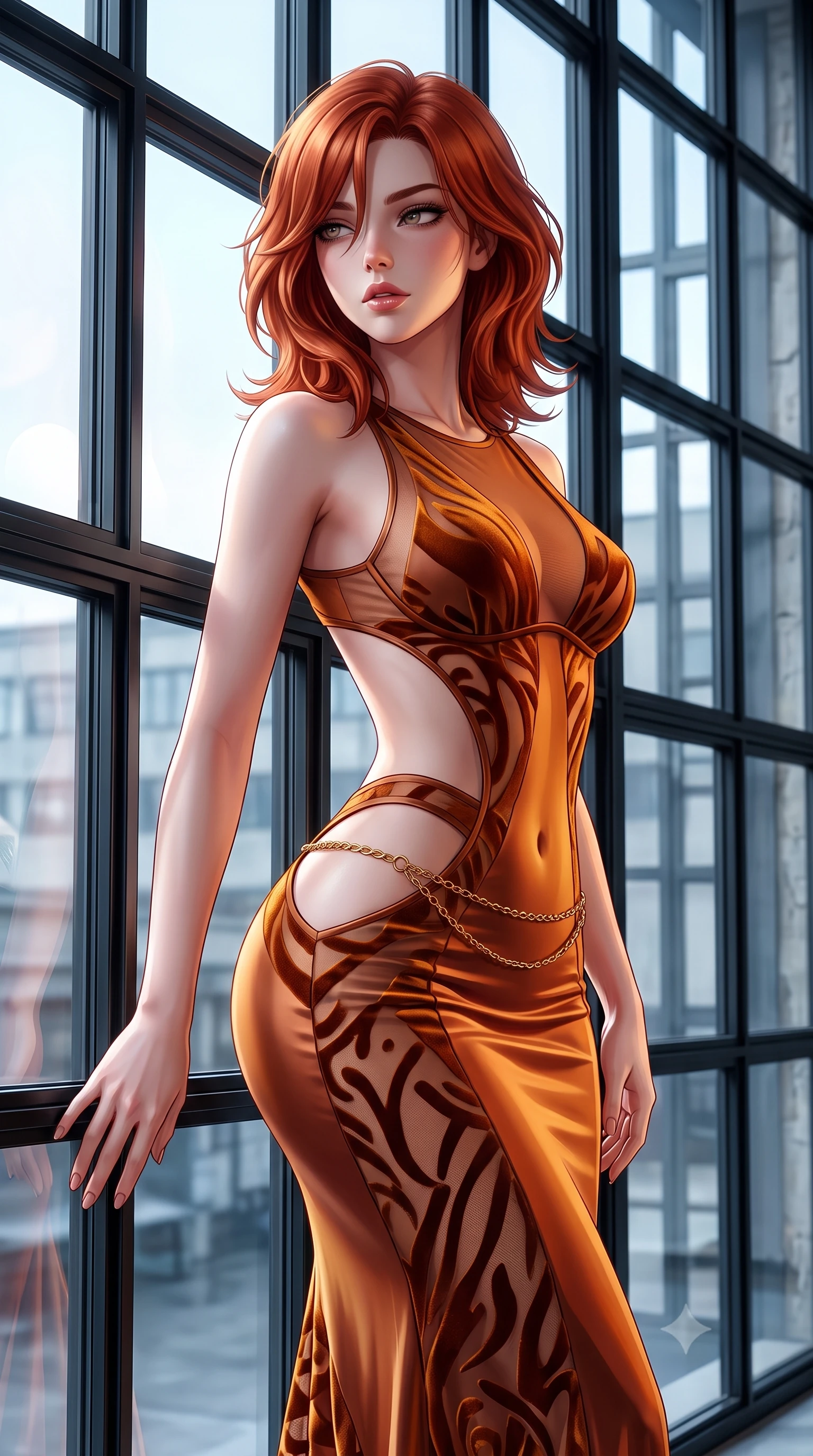 score_9, masterpiece, best quality, ultra-detailed, high-budget anime keyframe, semi-realistic 3D game render, editorial fashion photography, tasteful artistic composition, Korean woman. close-up cowboy shot from the waist and thighs up, the character dominates the composition, filling the frame with her large presence. twisting her slender torso in a deep contrapposto stance, hips dramatically shifted to accentuate her feminine curves while looking past her shoulder with smoldering bedroom-eyes while leaning against a monumental black steel-framed warehouse window, arching her lower back with high-fashion sovereign poise as cool Berlin daylight washes over her curves. The surrounding environment is rendered in vivid detail and crisp panoramic clarity. detailed tailored wool and silk dress texture, soft window light sheen on skin, and Bauhaus architectural grid in high clarity. She has an exceptionally elegant, slender, and willowy female figure with an ultra-slim waist, flat toned midriff, narrow ribcage, and sculpted feminine hips creating an alluring, slim hourglass silhouette without bulk. sharp v-shaped jawline, high-bridge nose, intricate jewel-like eyes with depth, thick eyelashes, glossy parted lips with a natural sheen, intensely captivating and seductive bedroom-eyes expression, flawlessly proportioned anatomical accuracy, strict slender model proportions, natural body alignment, perfectly sculpted long slender limbs, ultra-slim waistline, clean dynamic posture without body distortion. wearing a sculptured liquid-satin mermaid gown with an architectural open-waist cutout and bare spine in rich copper bronze and warm amber, made of sheer contouring power-mesh with velvet flocking patterns, accented with a delicate gold chain belt resting loosely on her curvy hips, the precision-cut side openings and low-back scoop framing her graceful spine and the sensual sweep of her slim, toned hips. illuminated by subtle architectural spotlighting sharply defining her sculpted cheekbones, ultra-slim waist, and curvy hips. highly saturated vibrant anime colors, detailed shading with soft gradients, rich glossy textures, high-contrast stereoscopic depth, volumetric dynamic lighting, master piece, 9:16 ratio
