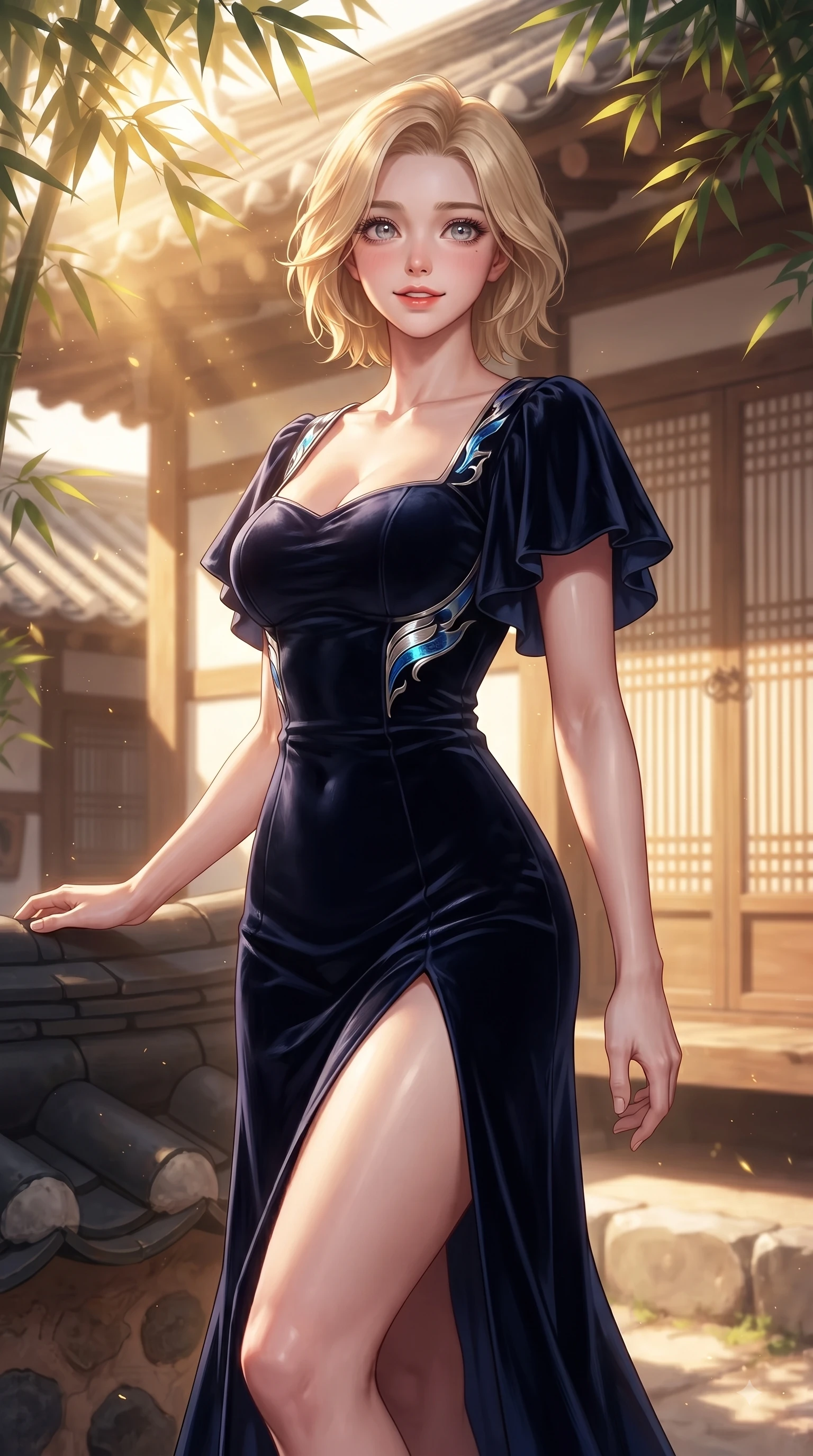 score_9, masterpiece, best quality, ultra-detailed, high-budget anime keyframe, editorial fashion photography, tasteful artistic composition, Caucasian woman. close-up cowboy shot from the waist and thighs up, the character dominates the composition, filling the frame with her large presence. Expectant hopeful expression with wide sparkling eyes and a soft eager smile as if waiting for a loved one while pivoting near traditional clay tile roofs as golden sunbeams filter through bamboo leaves. The composition keeps background elements in soft focus with dreamy bokeh. sun-drenched paper doors and wooden Hanok pillars softened by warm shallow focus. She has an exceptionally elegant, slender, and willowy female figure with an ultra-slim waist, a gracefully sculpted slender torso, and a refined silhouette. sharp v-shaped jawline, high-bridge nose, intricate jewel-like eyes with depth, thick eyelashes, glossy lips with a natural sheen, flawlessly proportioned anatomical accuracy, natural body alignment, perfectly sculpted elegant limbs, clean dynamic posture without body distortion. wearing a sleek dark navy velvet bustier gown with a deep slit and metallic accents in electric azure blue and cloud white, tailored from crisp high-density cotton poplin, featuring elegant flutter sleeves and a graceful square neckline, the form-contouring material accentuating her ultra-slim waist and long lines. bathed in bright morning sunbeams filtering through lush bamboo canopies. ultra-reflective glossy finish, specular highlights, metallic sheen, high-contrast stereoscopic depth, volumetric dynamic lighting, 2k, ultra detail, master piece, 9:16 ratio