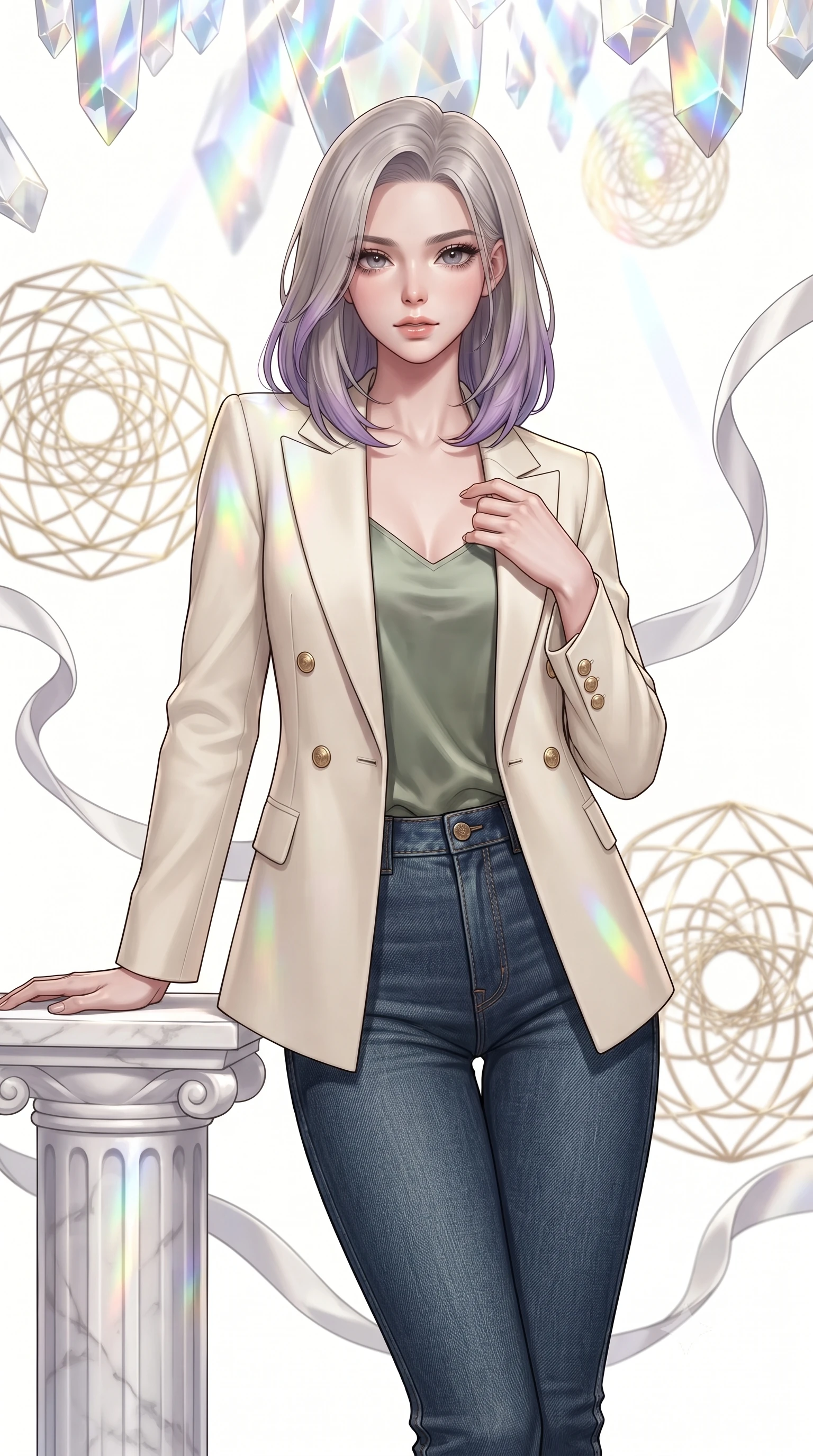 score_9, masterpiece, best quality, ultra-detailed, high-budget anime keyframe, gorgeous anime illustration, with clean line-art and distinct ink outlines, Caucasian woman, strictly human ears. close-up cowboy shot from the waist and thighs up, the character dominates the composition, filling the frame with her large presence, background elements kept in soft focus. Resting one arm elegantly against a surface with a poised relaxed stance. set against a soft-focus background of in a vast white void where geometric mandala patterns made of glowing gold wires rotate in three dimensions, floating ribbons of white silk weaving through the lines. She has an exceptionally elegant and slender, willowy female figure with an ultra-slim waist, a gracefully sculpted slender torso, and a refined slim physique. sharp v-shaped jawline, high-bridge nose, intricate jewel-like eyes with depth, thick eyelashes, glossy lips with a natural sheen. wearing a tailored cream double-breasted blazer over a sage green silk top, paired with raw dark blue denim. cascading rainbow prismatic light refracting through crystal formations overhead. 2k, ultra detail, master piece, 9:16 ratio, vibrant anime color palette, detailed cel-shading with soft gradients, rich contrast, dynamic lighting, 2d animation style