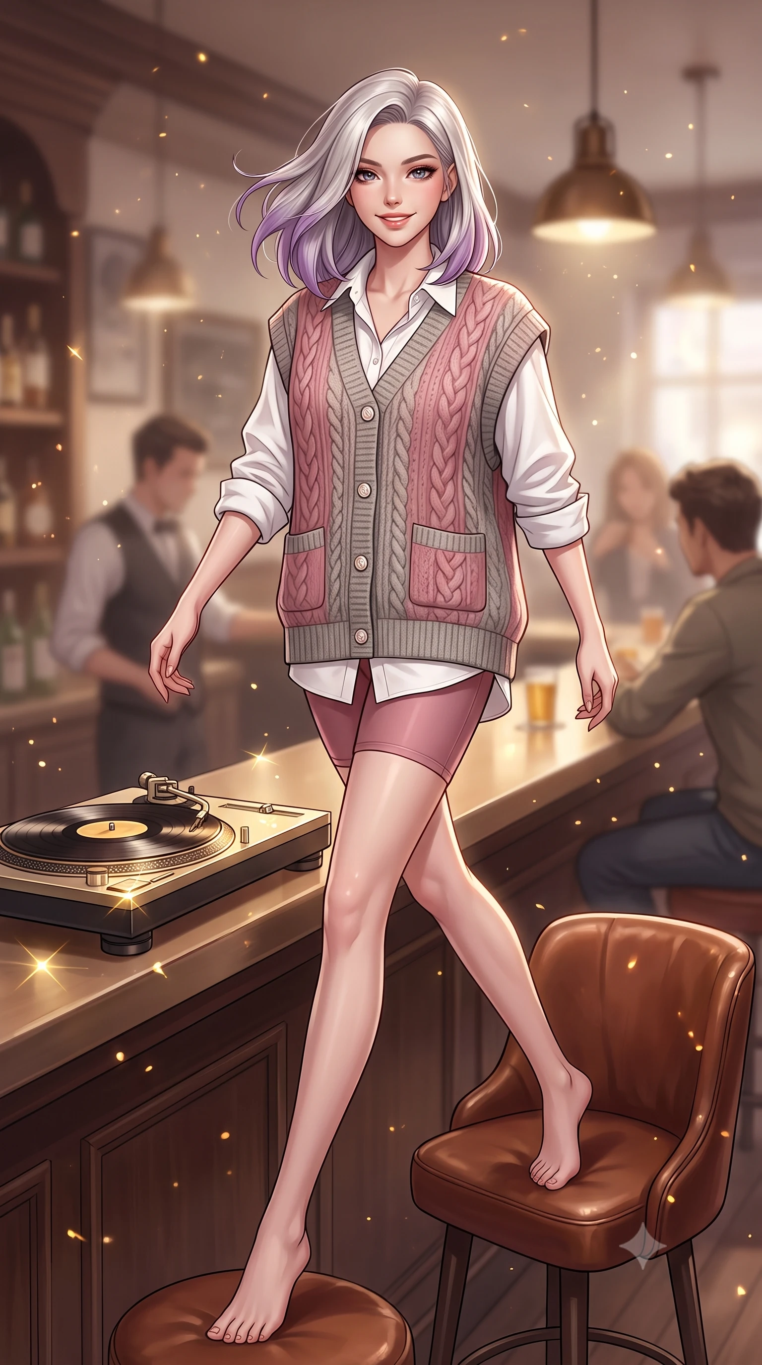 score_9, masterpiece, best quality, ultra-detailed, high-budget anime keyframe, semi-realistic 3D game render, editorial fashion photography, tasteful artistic composition, Caucasian woman. low angle full-body shot from head to toe showing her feet, filling the entire 9:16 vertical frame with her statuesque presence, stretching her vertical silhouette. striding forward in a proud, dynamic supermodel runway stride, her statuesque vertical silhouette commanding the entire frame while sliding onto a plush leather barstool, tossing her hair with a magnetic, warm smile as the turntable spins. The composition keeps background elements in soft focus with creamy bokeh. drifting warm light dust motes and spinning turntable reflections scattering golden glints. She has an absolutely perfect, statuesque 8.5-heads proportion, an exceptionally tall and slender model-like female figure with impossibly long slender legs, a toned flat midriff, and an ultra-slim waist. sharp v-shaped jawline, high-bridge nose, intricate jewel-like eyes with depth, thick eyelashes, glossy lips with a natural sheen, captivating and magnetic expression, flawlessly proportioned anatomical accuracy, strict slender model proportions, natural body alignment, perfectly sculpted long slender limbs, ultra-slim waistline, clean dynamic posture without body distortion. wearing an oversized 90s knit sweater vest worn over a crisp white boyfriend shirt and cycling shorts in dusty rose pink and vintage heather grey, knitted from soft cozy lambswool yarn with cable-knit textures, finished with polished mother-of-pearl buttons and tailored flap pockets, the form-contouring material adhering flawlessly to her sculpted flat midriff and slender torso, emphasizing her long leg lines and perfectly proportioned willowy build. illuminated by soft directional key light defining her high-bridge nose, glossy lips, and slender neckline. highly saturated vibrant anime colors, detailed shading with soft gradients, rich glossy textures, high-contrast stereoscopic depth, volumetric dynamic lighting, master piece, 9:16 ratio
