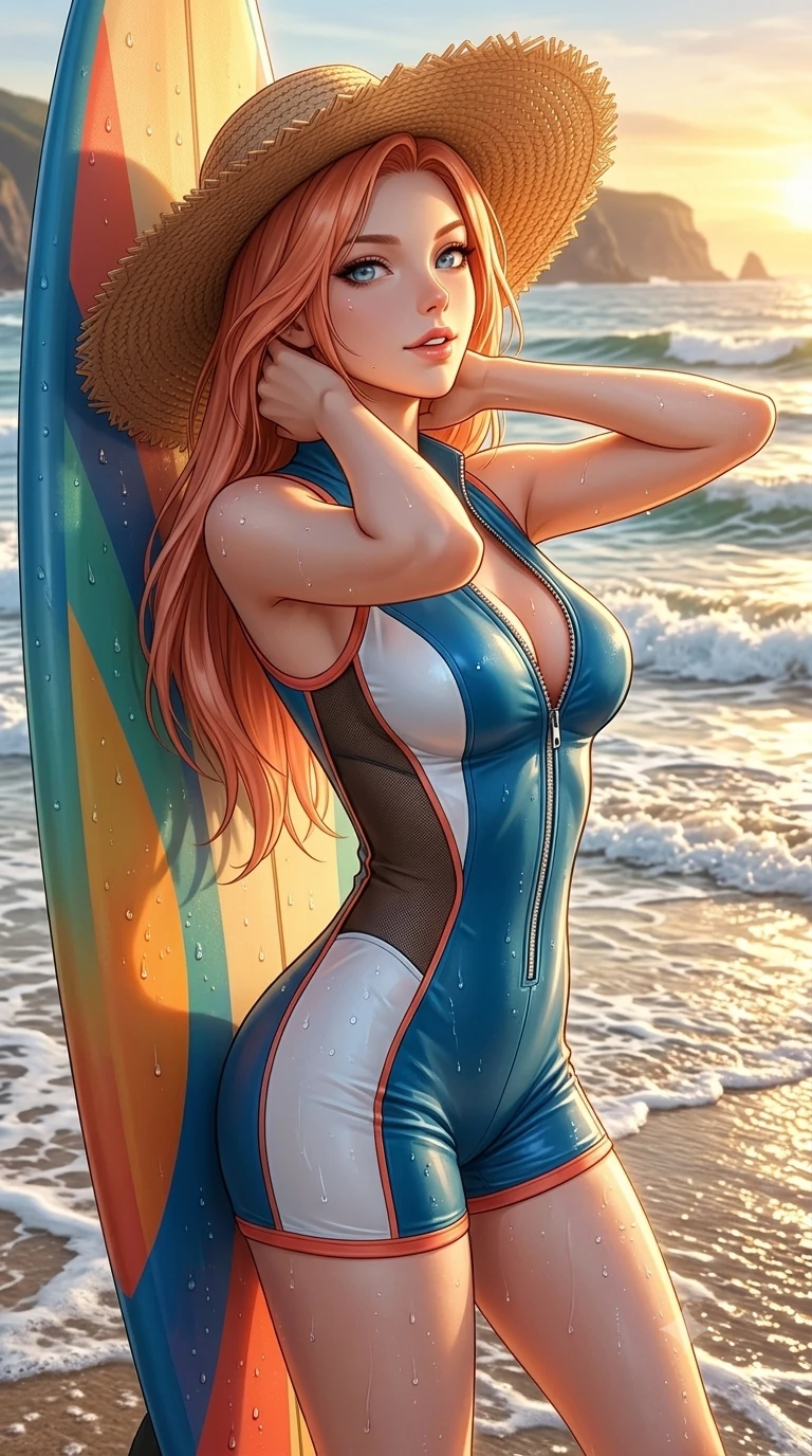 score_9, masterpiece, best quality, ultra-detailed, high-budget anime keyframe, semi-realistic 3D game render, editorial fashion photography, tasteful artistic composition, Japanese woman. close-up cowboy shot from the waist and thighs up, the character dominates the composition, filling the frame with her large presence. resting both hands lightly behind her neck with elbows raised, arching her spine to highlight her narrow waist, flat midriff, and breathtaking collarbones while leaning against the standing surfboard with hips cocked back, looking back over a bare shoulder with an alluring, parted-lip smile as waves wash past. The surrounding environment is rendered in vivid detail and crisp panoramic clarity: detailed wet-look neoprene surfing bodysuit tailoring, glistening water beads on skin, and coastal surf scape in razor-sharp precision. She has an exceptionally elegant, slender, and willowy female figure with an ultra-slim waist, flat toned midriff, narrow ribcage, and sculpted feminine hips creating an alluring, slim hourglass silhouette without bulk. sharp v-shaped jawline, high-bridge nose, sparkling eyes with hypnotic seductive depth, thick curled eyelashes, glossy parted lips with a natural dewy peach sheen, alluring bedroom-eyes with an enchanting coquettish smile, exuding magnetic siren charisma and sophisticated glamour, flawlessly proportioned anatomical accuracy, strict slender model proportions, natural body alignment, perfectly sculpted long slender limbs, ultra-slim waistline, clean dynamic posture without body distortion. wearing a deep V-neck wet-look liquid lycra romper with side-torso mesh inserts accentuating her hourglass curves in Mediterranean cerulean blue and optic white with coral trims, tailored from crisp high-density nautical cotton poplin with pristine structural hold, finished with a wide-brimmed woven straw sunhat tipped back to frame her face and long glossy hair, the bespoke structured tailoring following the natural line of her 8.5-heads silhouette with refined elegance. illuminated by mirror-like wet sand bounce and sharp molten-gold rim lighting defining her jawline, flat midriff, and voluptuous hip curves. highly saturated vibrant anime colors, detailed shading with soft gradients, rich glossy textures, high-contrast stereoscopic depth, volumetric dynamic lighting, master piece, 9:16 ratio