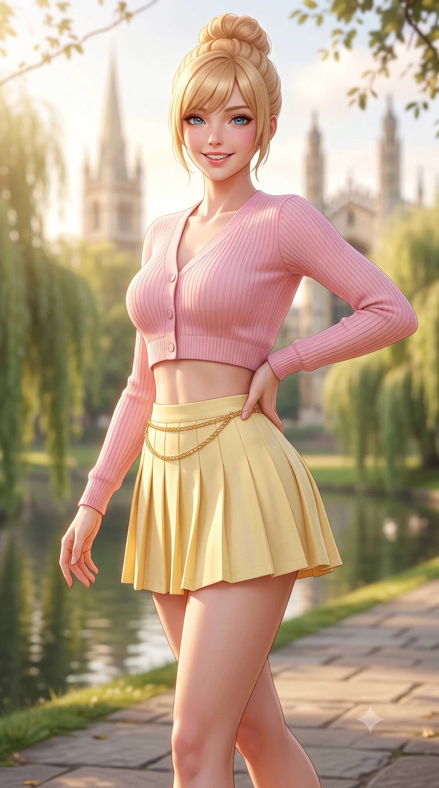 score_9, masterpiece, best quality, ultra-detailed, high-budget anime keyframe, semi-realistic 3D game render, editorial fashion photography, tasteful artistic composition, Caucasian woman. close-up cowboy shot from the waist and thighs up, the character dominates the composition, filling the frame with her large presence. twisting her slender torso in an alluring contrapposto stance, one hand resting on her sculpted hip while flashing a radiant, playful smile with parted glossy lips while walking gracefully down the stone collegiate path, her tailored chic outfit highlighting her narrow waist and feminine hips in the English sun. The composition keeps background elements in soft focus with dreamy creamy bokeh. weeping willows trailing in reflective river waters and gothic college spires blurred into soft emerald, champagne, and slate bokeh. She has an exceptionally elegant, slender, and willowy female figure with an ultra-slim waist, flat toned midriff, narrow ribcage, and sculpted feminine hips creating an alluring, slim hourglass silhouette without bulk. sharp v-shaped jawline, high-bridge nose, intricate jewel-like sparkling eyes with depth, thick eyelashes, glossy parted lips with a natural peach sheen, bright cheerful beaming smile with an enchanting and coquettish sensual glint, exuding both youthful cute charm and seductive allure, flawlessly proportioned anatomical accuracy, strict slender model proportions, natural body alignment, perfectly sculpted long slender limbs, ultra-slim waistline, clean dynamic posture without body distortion. wearing a cropped pastel ribbed knit cardigan paired with an ultra-short high-waisted pleated tennis skirt clinging tightly to her curvy hips in sweet strawberry milk pink and butter yellow, crafted from soft breathable linen with effortless natural drape, accented with a delicate gold chain belt resting loosely on her curvy hips, the liquid-tight tailored fabric clinging flawlessly to her narrow waist and rounded feminine hips, emphasizing every millimeter of her sculpted slim hourglass curves without any bulky heaviness. bathed in gentle, luminous English afternoon sunlight filtering through willow branches. highly saturated vibrant anime colors, detailed shading with soft gradients, rich glossy textures, high-contrast stereoscopic depth, volumetric dynamic lighting, master piece, 9:16 ratio