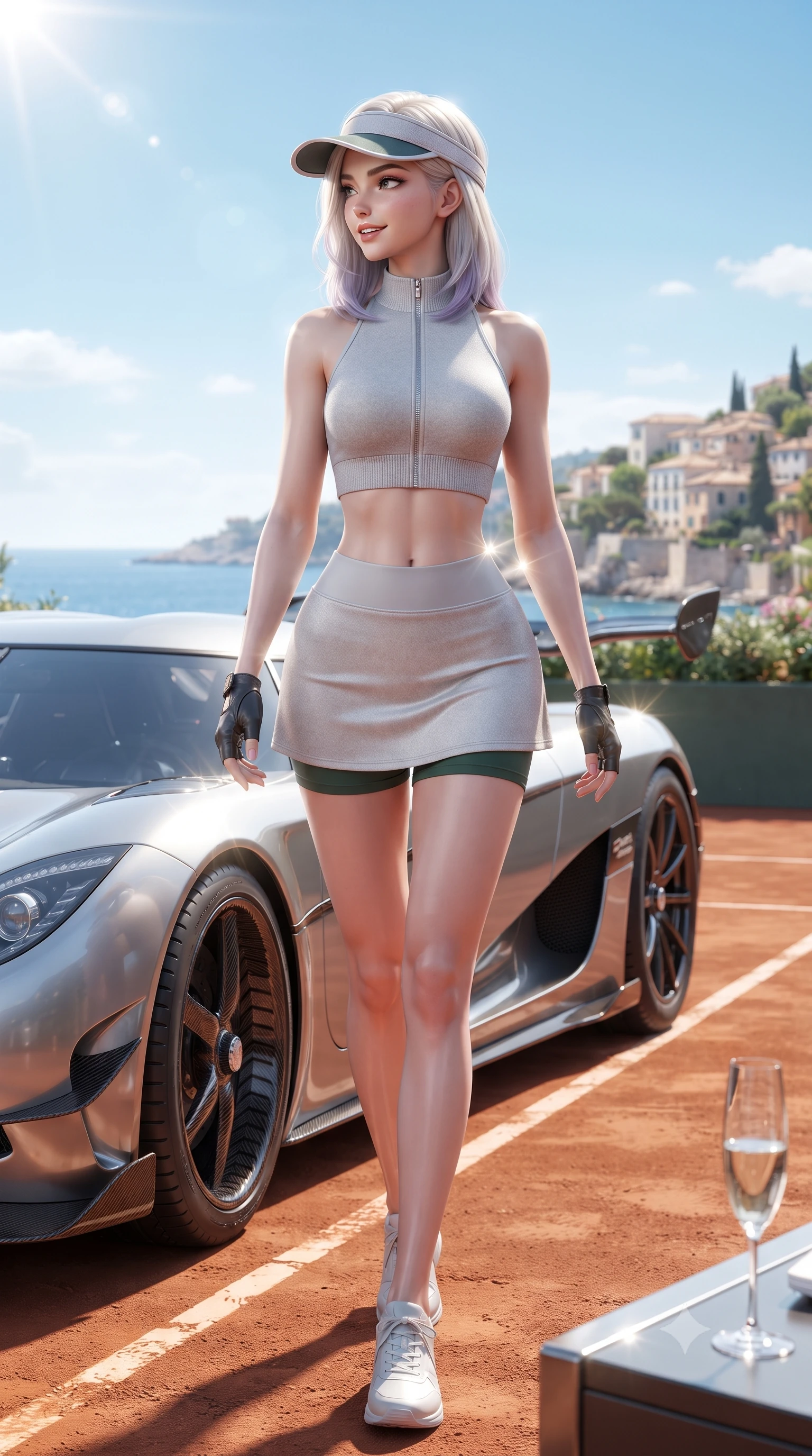 score_9, masterpiece, best quality, ultra-detailed, high-budget anime keyframe, editorial fashion photography, tasteful artistic composition, Caucasian woman. low angle full-body shot from head to toe showing her feet, filling the entire 9:16 vertical frame with her statuesque presence, stretching her vertical silhouette. walking slowly along the clay court baseline, looking back over her shoulder with an air of effortless grace and an alluring, smoldering smile while twisting her slender torso in an alluring S-curve, coastal Mediterranean sunbeams glinting off the polished car bodywork and her narrow waist and curvy hips. The surrounding environment is rendered in vivid detail and crisp panoramic clarity: sharp carbon-fiber hypercar wing weave, tire tread grooves, and champagne glass crystal clarity in deep focus. She has an absolutely perfect, statuesque 8.5-heads proportion, an exceptionally tall and slender model-like female figure with impossibly long slender legs, an ultra-slim waist, a flat toned midriff, narrow delicate ribcage, and beautifully sculpted feminine hips creating a graceful, slim hourglass silhouette without any bulky heaviness. sharp v-shaped jawline, high-bridge nose, sparkling eyes with athletic focus and depth, thick curled eyelashes, glossy parted lips with a natural coral-peach sheen, bright confident and coquettish smile with alluring bedroom-eyes, exuding both youthful sporty vigor and sovereign high-society glamour, flawlessly proportioned anatomical accuracy, strict slender model proportions, natural body alignment, perfectly sculpted long slender limbs, ultra-slim waistline, clean dynamic posture without body distortion. wearing a modern two-piece athletic set featuring a zip-front halter sports crop top and curve-hugging tennis skirt with built-in compression shorts in alpine silver platinum and forest green, tailored from ultra-soft fine cashmere yarn with an airy athletic drape, accented with a sporty retro tennis visor and fingerless leather driving gloves, the liquid-tight tailored fabric clinging flawlessly to her narrow waist and rounded feminine hips, emphasizing every millimeter of her sculpted slim hourglass curves without any bulky heaviness. illuminated by car bonnet specular bounce and sharp platinum rim lights sculpting her razor-sharp jawline, narrow waist, and curvy hips. ultra-reflective glossy finish, specular highlights, rich textural contrasts, high-contrast stereoscopic depth, volumetric dynamic lighting, 2k, ultra detail, master piece, 9:16 ratio