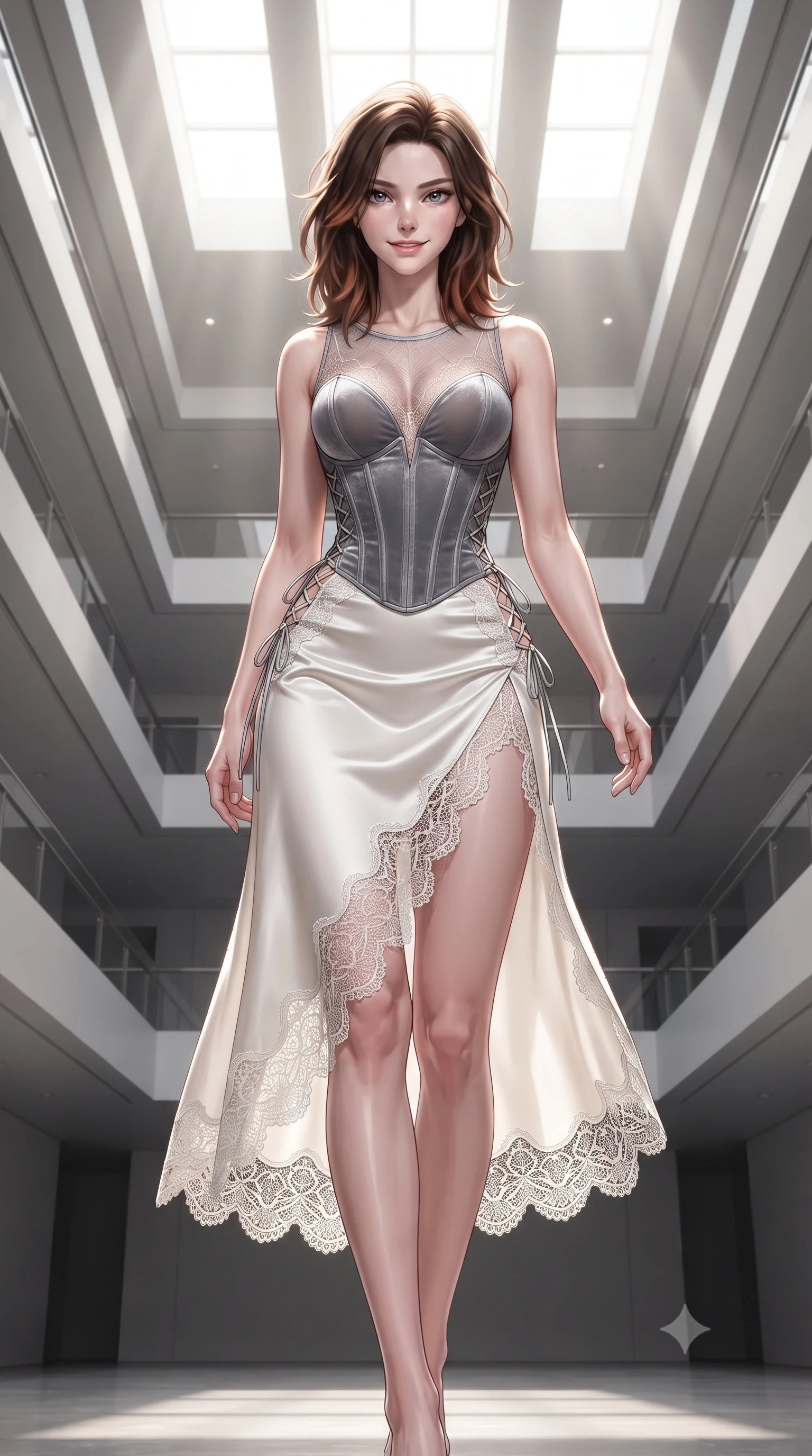 score_9, masterpiece, best quality, ultra-detailed, high-budget anime keyframe, editorial fashion photography, tasteful artistic composition, Korean woman. low angle full-body shot from head to toe showing her feet, filling the entire 9:16 vertical frame with her statuesque presence, stretching her vertical silhouette. stepping slowly toward the camera with hypnotic grace, hips swaying in an alluring sensual rhythm that accentuates her curvy hourglass silhouette and long slender legs while twisting her slender torso in an alluring contrapposto stance, architectural skylight shafts sculpting her flat midriff, waist, and hips. The surrounding environment is rendered in vivid detail and crisp panoramic clarity: detailed wet-look vinyl bustier shine, subtle mesh tights weave, and precision contemporary engineering in razor-sharp precision. She has an absolutely perfect, statuesque 8.5-heads proportion, an exceptionally tall and slender model-like female figure with impossibly long slender legs, an ultra-slim waist, a flat toned midriff, narrow delicate ribcage, and beautifully sculpted feminine hips creating a graceful, slim hourglass silhouette without any bulky heaviness. sharp v-shaped jawline, high-bridge nose, sparkling eyes with hypnotic seductive depth, thick curled eyelashes, glossy parted lips with a natural dewy peach sheen, alluring bedroom-eyes with an enchanting coquettish smile, exuding magnetic siren charisma and sophisticated glamour, flawlessly proportioned anatomical accuracy, strict slender model proportions, natural body alignment, perfectly sculpted long slender limbs, ultra-slim waistline, clean dynamic posture without body distortion. wearing a plunging sweetheart-neckline boned velvet underbust corset over a sheer spiderweb lace camisole and high-slit satin skirt in architectural titanium grey and pure milk white, made of delicate semi-sheer French Chantilly lace with intricate eyelash edges, finished with fine criss-cross lace-up side ties revealing tantalizing glimpses of her hip curve, the glove-like clinging cut tightly following the natural contour of her hips and long slender legs with youthful 8.5-heads elegance. bathed in vertical shafts of pure white sunlight pouring down through four-story architectural light wells. ultra-reflective glossy finish, specular highlights, rich textural contrasts, high-contrast stereoscopic depth, volumetric dynamic lighting, 2k, ultra detail, master piece, 9:16 ratio