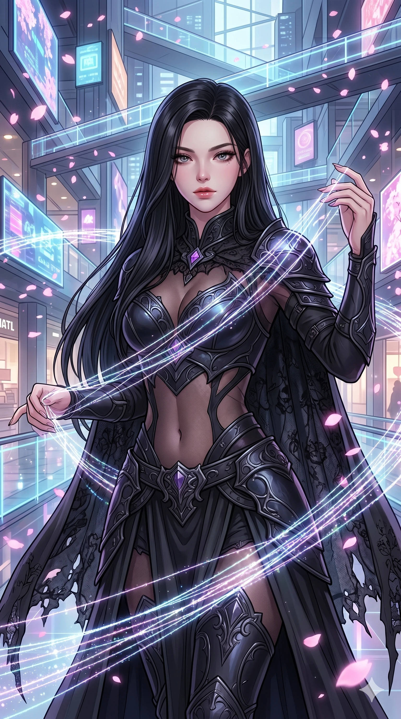 score_9, masterpiece, best quality, ultra-detailed, high-budget anime movie keyframe, cinematic anime lighting, intricate line art, Korean woman. Upper body filling screen focusing on her alluring features and slim-fit silhouette. weaving threads of light in a holographic shopping mall with digital sakura petals. She has an absolutely perfect 8-heads proportion, an exceptionally tall and slender female figure with an ultra-slim waist and impossibly long slender legs. sharp v-shaped jawline, high-bridge nose, intricate jewel-like eyes, thick eyelashes, glossy lips. Wearing dark fantasy gothic leather armor with ornate obsidian plates, a tattered lace cape, and sheer mesh cut-outs at the midriff, exuding a mysterious allure. The scene is illuminated by dramatic atmospheric lighting and vibrant color palettes. , 2k, ultra detail, master piece, 9:16 ratio