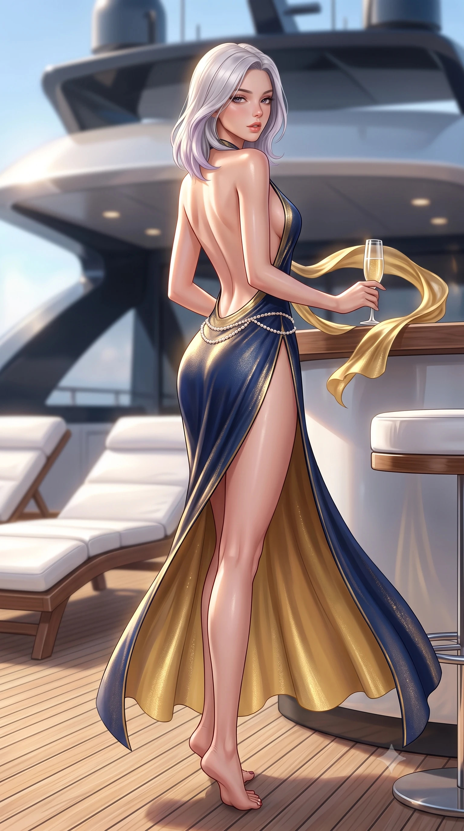 score_9, masterpiece, best quality, ultra-detailed, high-budget anime keyframe, semi-realistic 3D game render, editorial fashion photography, tasteful artistic composition, Caucasian woman. low angle full-body shot from head to toe showing her feet, filling the entire 9:16 vertical frame with her statuesque presence, stretching her vertical silhouette. executing an elegant mid-motion pivot turn as garments swirl around her slender limbs, glancing over her shoulder with an intoxicating bedroom-gaze while leaning against the yacht's outdoor bar with hips shifted to one side, holding a champagne flute while locking smoldering eyes with the viewer. The composition keeps background elements in soft focus with creamy bokeh. sleek yacht superstructure and white leather loungers softened in dreamy cinematic focus. She has an absolutely perfect, statuesque 8.5-heads proportion, an exceptionally tall and slender model-like female figure with impossibly long slender legs, a toned flat midriff, an ultra-slim waist, and beautifully sculpted feminine hips. sharp v-shaped jawline, high-bridge nose, intricate jewel-like eyes with depth, thick eyelashes, glossy parted lips with a natural sheen, intensely captivating and seductive bedroom-eyes expression, flawlessly proportioned anatomical accuracy, strict slender model proportions, natural body alignment, perfectly sculpted long slender limbs, ultra-slim waistline, clean dynamic posture without body distortion. wearing a sun-drenched halter resort maxi dress with a dramatic open back and high side slit ascending to the hip in deep nautical navy blue and liquid gold, woven from fine organic mulberry silk with metallic gold thread, finished with dainty pearl waist chains framing her sun-kissed midriff, the dramatically scooped open back descending to the base of her spine, accentuating her razor-sharp statuesque lines and curvy hourglass silhouette. illuminated by glowing specular sun glints defining her sculpted collarbones, ultra-slim waist, and curvy hips. highly saturated vibrant anime colors, detailed shading with soft gradients, rich glossy textures, high-contrast stereoscopic depth, volumetric dynamic lighting, master piece, 9:16 ratio