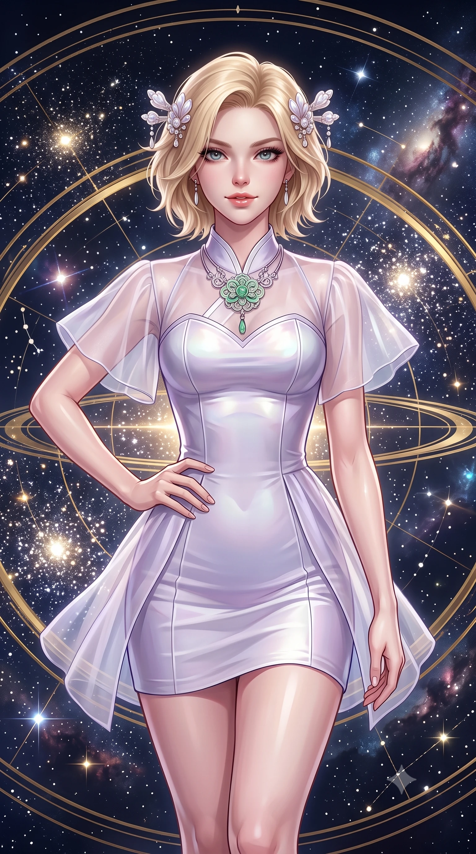 score_9, masterpiece, best quality, ultra-detailed, high-budget anime keyframe, semi-realistic 3D game render, editorial fashion photography, tasteful artistic composition, Caucasian woman. close-up cowboy shot from the waist and thighs up, the character dominates the composition, filling the frame with her large presence. smiling with subtle, enchanting allure and glossy parted lips, one hand resting on her waist with effortless supermodel poise while hovering suspended in the center of a celestial star map with an indomitable, radiant gaze locking onto the viewer. The surrounding environment is rendered in vivid detail and crisp panoramic clarity. detailed golden star map rings, stardust cluster formations, and metallic jewelry accents in high clarity. She has an exceptionally elegant, slender, and willowy female figure with an ultra-slim waist, a gracefully sculpted slender torso, toned flat midriff, and a refined slim silhouette. sharp v-shaped jawline, high-bridge nose, intricate jewel-like eyes with depth, thick eyelashes, glossy lips with a natural sheen, captivating and magnetic expression, flawlessly proportioned anatomical accuracy, strict slender model proportions, natural body alignment, perfectly sculpted long slender limbs, ultra-slim waistline, clean dynamic posture without body distortion. wearing a modern fusion silk hanbok dress with sheer organza butterfly sleeves and a structured mother-of-pearl bodice in ethereal lilac mist and pearlescent white, tailored from crisp ceremonial cotton and multi-layered translucent chiffon, accented with mother-of-pearl hair ornaments and a carved jade pendant, the glove-like aerodynamic second-skin fit tightly clinging to her ultra-slender waist and athletic curves without adding bulk, accentuating her razor-sharp statuesque lines and slim hourglass silhouette. surrounded by an immortal, transcendent, and breathtakingly majestic cosmos empress aura. highly saturated vibrant anime colors, detailed shading with soft gradients, rich glossy textures, high-contrast stereoscopic depth, volumetric dynamic lighting, master piece, 9:16 ratio