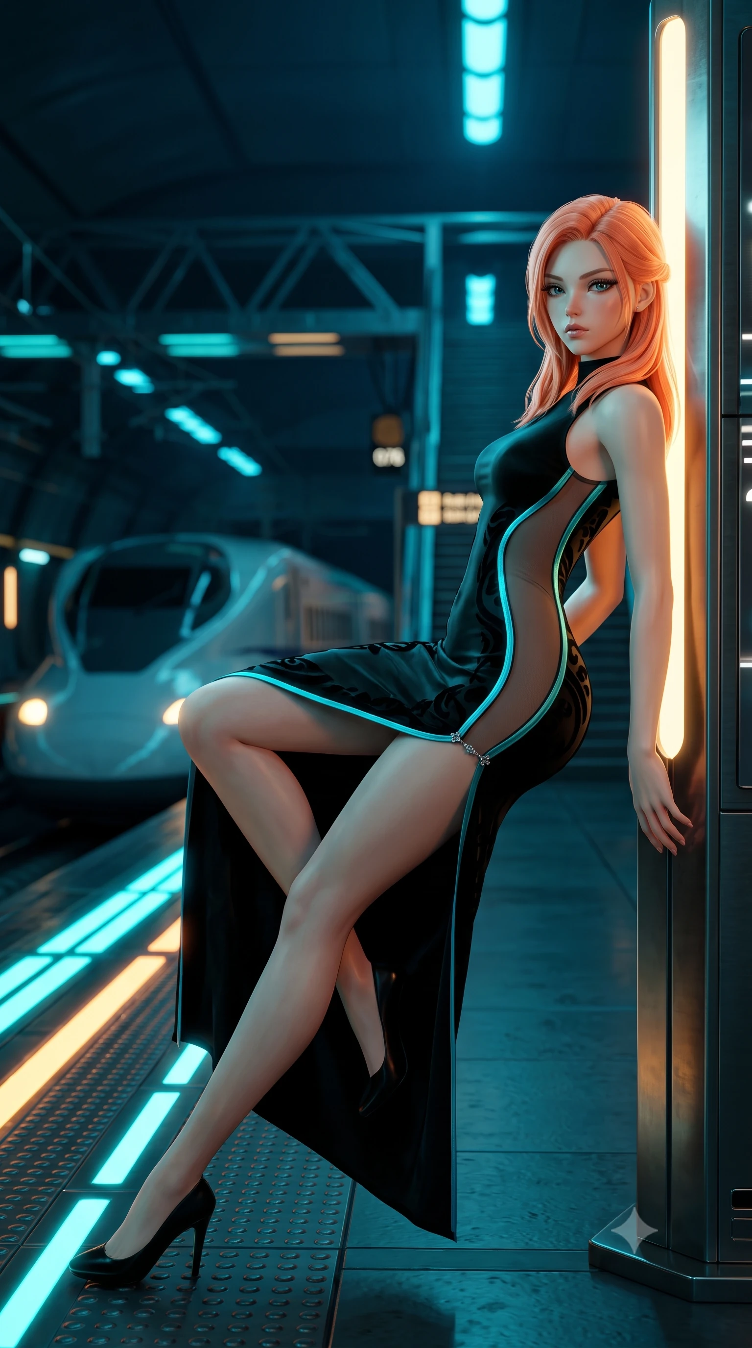score_9, masterpiece, best quality, ultra-detailed, high-budget anime keyframe, semi-realistic 3D game render, editorial fashion photography, tasteful artistic composition, Japanese woman. low angle full-body shot from head to toe showing her feet, filling the entire 9:16 vertical frame with her statuesque presence, stretching her vertical silhouette. reclining on her side in an elegant Cleopatra pose with one knee drawn up, the dramatic contour of her rounded hips and long slender legs commanding the 9:16 vertical frame while leaning back against an illuminated titanium departure totem with hips cocked, casting a cool, dangerous bedroom-gaze past arriving aerodynamic bullet pods. The composition keeps background elements in soft focus with creamy bokeh. aerodynamic bullet train silhouettes and high-tech platform gantries softened in moody cyberpunk shallow focus. She has an exceptionally tall and slender model-like 8.5-heads proportion, an ultra-slim waist, a flat toned midriff, narrow delicate ribcage, and beautifully sculpted feminine hips creating a graceful, slim hourglass silhouette without any bulky heaviness, with impossibly long slender legs. sharp v-shaped jawline, high-bridge nose, intricate jewel-like eyes with depth, thick eyelashes, glossy parted lips with a natural sheen, intensely captivating and seductive bedroom-eyes expression, flawlessly proportioned anatomical accuracy, strict slender model proportions, natural body alignment, perfectly sculpted long slender limbs, ultra-slim waistline, clean dynamic posture without body distortion. wearing a second-skin black silk jersey maxi dress with asymmetrical sheer mesh side panels tracing the full curve of her hip in neon electric cyan and lacquer black, made of sheer contouring power-mesh with velvet flocking patterns, finished with an ultra-high side slit secured by miniature jeweled clasps, the precision-cut side openings and low-back scoop framing her graceful spine and the sensual sweep of her slim, toned hips. bathed in high-contrast cyan and amber track edge lights contrasting with deep ocean blue overhead ambient glow. highly saturated vibrant anime colors, detailed shading with soft gradients, rich glossy textures, high-contrast stereoscopic depth, volumetric dynamic lighting, master piece, 9:16 ratio