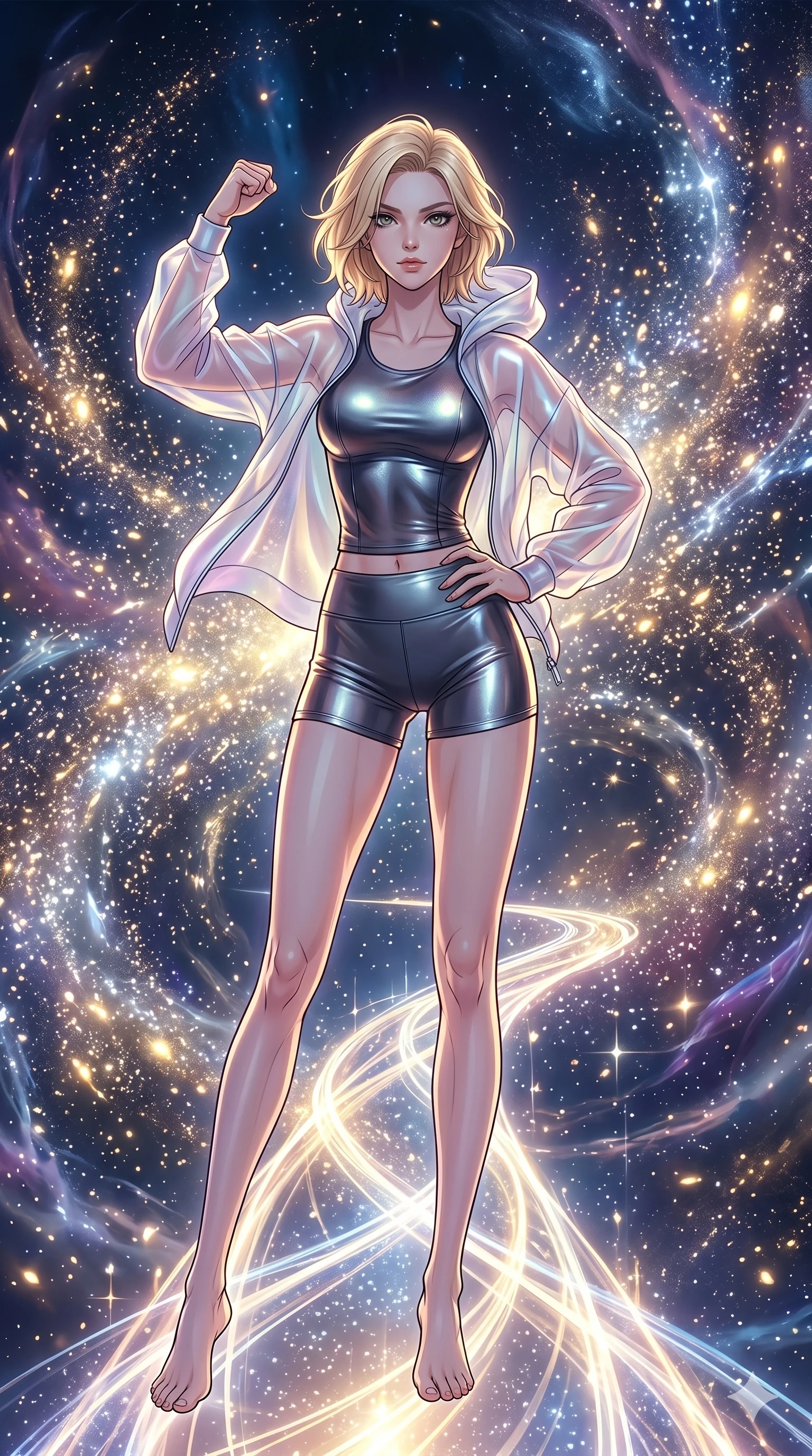 score_9, masterpiece, best quality, ultra-detailed, high-budget anime movie keyframe, cinematic anime lighting, intricate line art, Caucasian (strictly human ears) woman. Dynamic full-body shot stretching the vertical silhouette across the 9:16 frame. standing victoriously in a celestial bridge made of light in a storm of sparks. She has an absolutely perfect 8-heads proportion, an exceptionally tall and slender female figure with an ultra-slim waist and impossibly long slender legs. sharp v-shaped jawline, high-bridge nose, intricate jewel-like eyes, thick eyelashes, glossy lips. Wearing premium athleisure set with a metallic-finish compression top, high-cut yoga shorts that accentuate her long legs, and a sheer oversized hoodie. The scene is illuminated by dramatic atmospheric lighting and vibrant color palettes. , 2k, ultra detail, master piece, 9:16 ratio