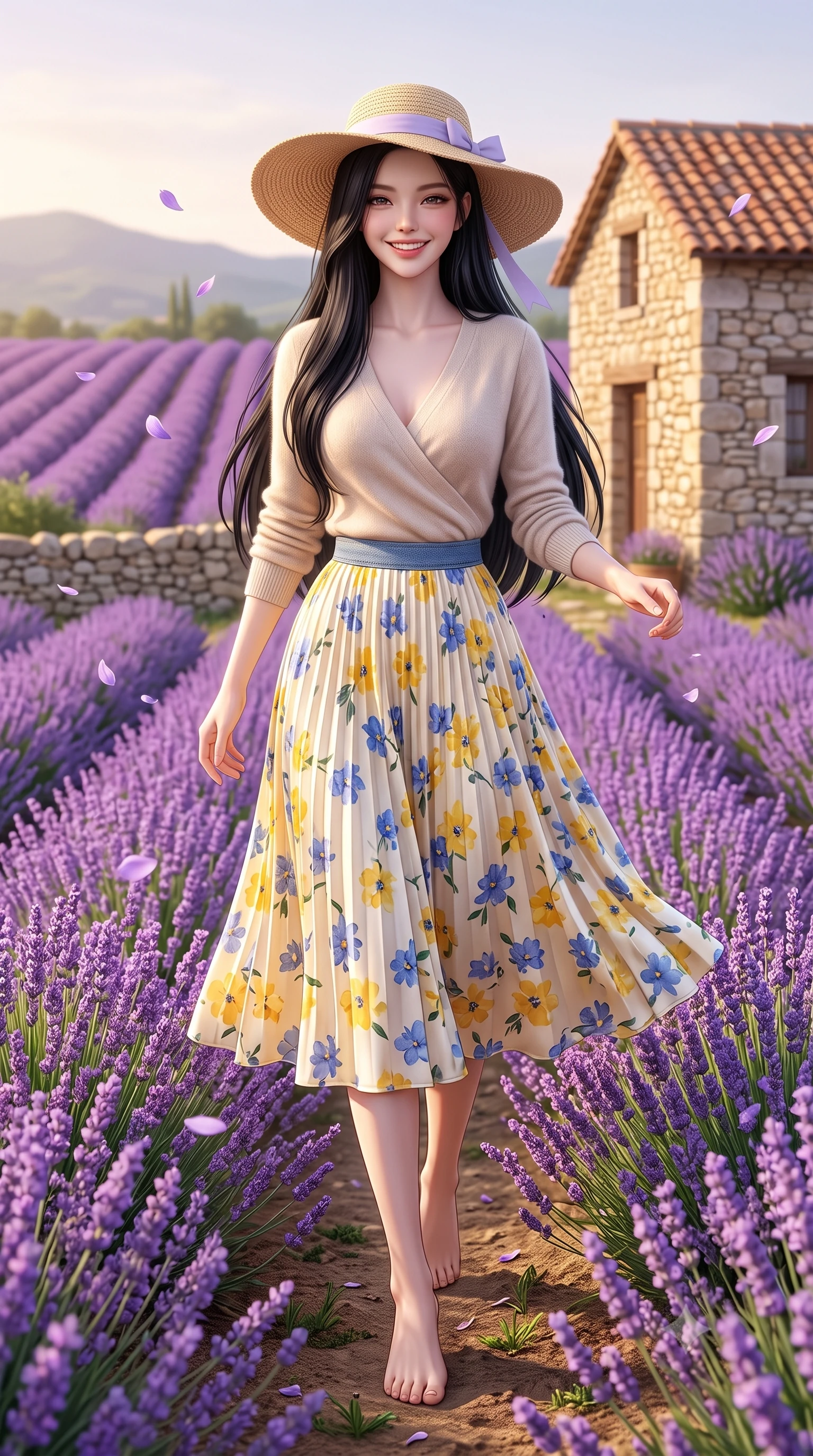 score_9, masterpiece, best quality, ultra-detailed, high-budget anime keyframe, semi-realistic 3D game render, editorial fashion photography, tasteful artistic composition, Korean woman. low angle full-body shot from head to toe showing her feet, filling the entire 9:16 vertical frame with her statuesque presence, stretching her vertical silhouette. walking forward in a cheerful, dynamic stride with a radiant beaming smile, her statuesque silhouette filling the frame while twirling cheerfully between vibrant purple lavender ridges as delicate violet petals flutter in the air. The surrounding environment is rendered in vivid detail and crisp panoramic clarity. intricate purple lavender blossom stems, rustic stone cottage masonry, and terracotta roof tiles in deep focus. She has an absolutely perfect, statuesque 8.5-heads proportion, an exceptionally tall and slender model-like female figure with impossibly long slender legs, a toned flat midriff, and an ultra-slim waist. sharp v-shaped jawline, high-bridge nose, intricate jewel-like eyes with depth, thick eyelashes, glossy lips with a natural sheen, pure and lovely fresh girlhood expression, flawlessly proportioned anatomical accuracy, strict slender model proportions, natural body alignment, perfectly sculpted long slender limbs, ultra-slim waistline, clean dynamic posture without body distortion. wearing an elegant soft cashmere wrap sweater paired with a flowing pleated satin midi skirt in sunny daffodil yellow and french blue, made of comfortable premium stretch denim and airy cotton-jersey, paired with a wide-brim woven straw hat tied with a pastel ribbon, the chic real-way fashion cut emphasizing her effortless charm, flat midriff, and slender model proportions. surrounded by a romantic, sweet, and wonderfully heartwarming cottagecore girlhood aura. highly saturated vibrant anime colors, detailed shading with soft gradients, rich glossy textures, high-contrast stereoscopic depth, volumetric dynamic lighting, master piece, 9:16 ratio