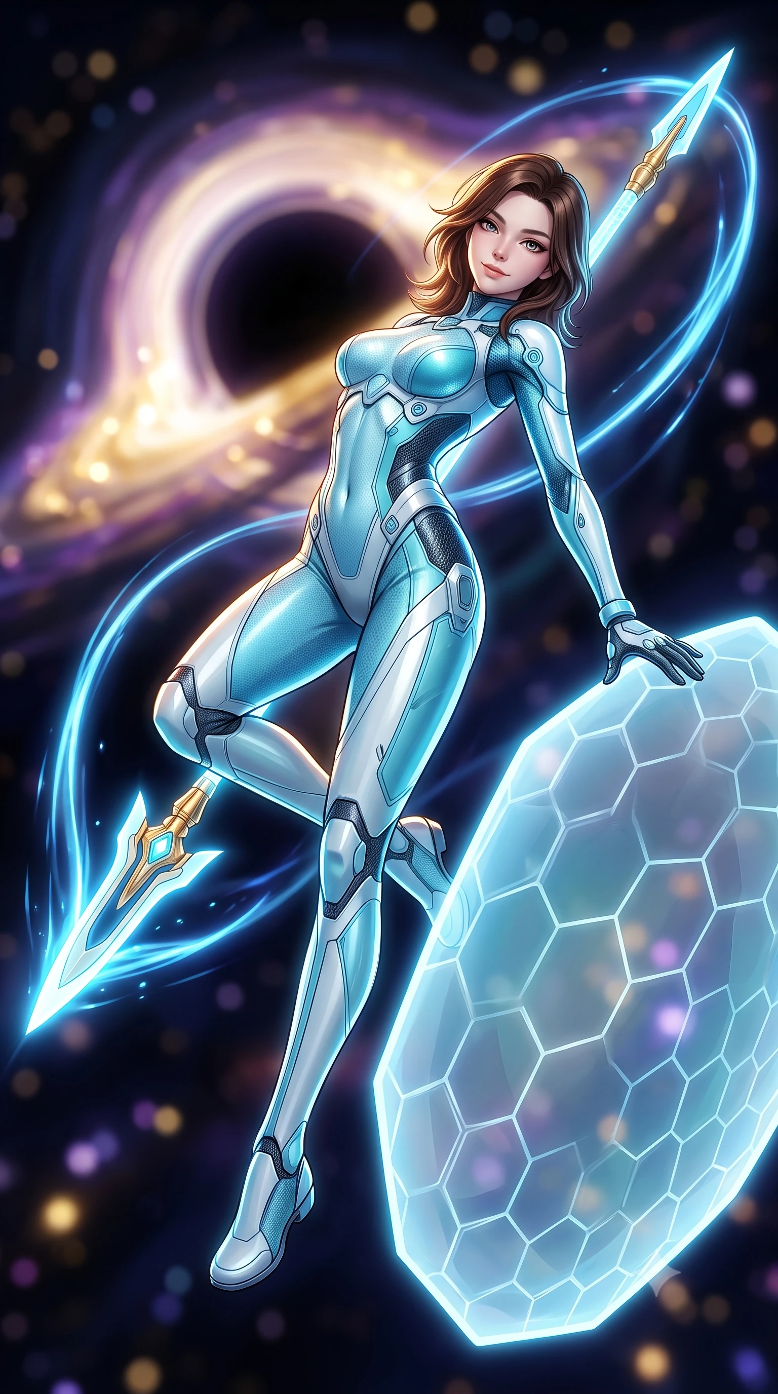 score_9, masterpiece, best quality, ultra-detailed, high-budget anime keyframe, semi-realistic 3D game render, editorial fashion photography, tasteful artistic composition, Korean woman. low angle full-body shot from head to toe showing her feet, filling the entire 9:16 vertical frame with her statuesque presence, stretching her vertical silhouette. arching her back gracefully in mid-air during a dynamic combat vault, her weapon energy trail framing her statuesque presence while resting one hand on the edge of a floating energy shield with an omnipotent, sovereign smile looking into the camera lens. The composition keeps background elements in soft focus with creamy bokeh. swirling black hole singularity core and glowing accretion disk blurred into dazzling gold, violet, and pitch-black bokeh. She has an absolutely perfect, statuesque 8.5-heads proportion, an exceptionally tall and slender model-like female figure with impossibly long slender legs, a toned flat midriff, and an ultra-slim waist. sharp v-shaped jawline, high-bridge nose, intricate jewel-like eyes with depth, thick eyelashes, glossy lips with a natural sheen, flawlessly proportioned anatomical accuracy, strict slender model proportions, natural body alignment, perfectly sculpted long slender limbs, ultra-slim waistline, clean dynamic posture without body distortion. wearing an ultra-sleek glacial-cyan and white carbon-mesh combat bodysuit with frost-resistant plating, holding a glowing high-frequency cryo-energy spear with commanding poise in arctic white carbon composite with radiant solar gold plating, crafted from ultra-strong woven carbon-fiber composite with a satin luster, finished with high-mobility articulation joints and miniature magnetic armor locks, the sleek second-skin cut tightly hugging her graceful clavicle, narrow waist, and feminine curves with athletic precision. illuminated by intense directional rim lights sharply defining her ultra-slim waist, long legs, and flat midriff. rich saturated anime colors with glowing neon highlights, detailed shading with soft gradients, rich glossy textures, high-contrast stereoscopic depth, volumetric dynamic lighting, master piece, 9:16 ratio