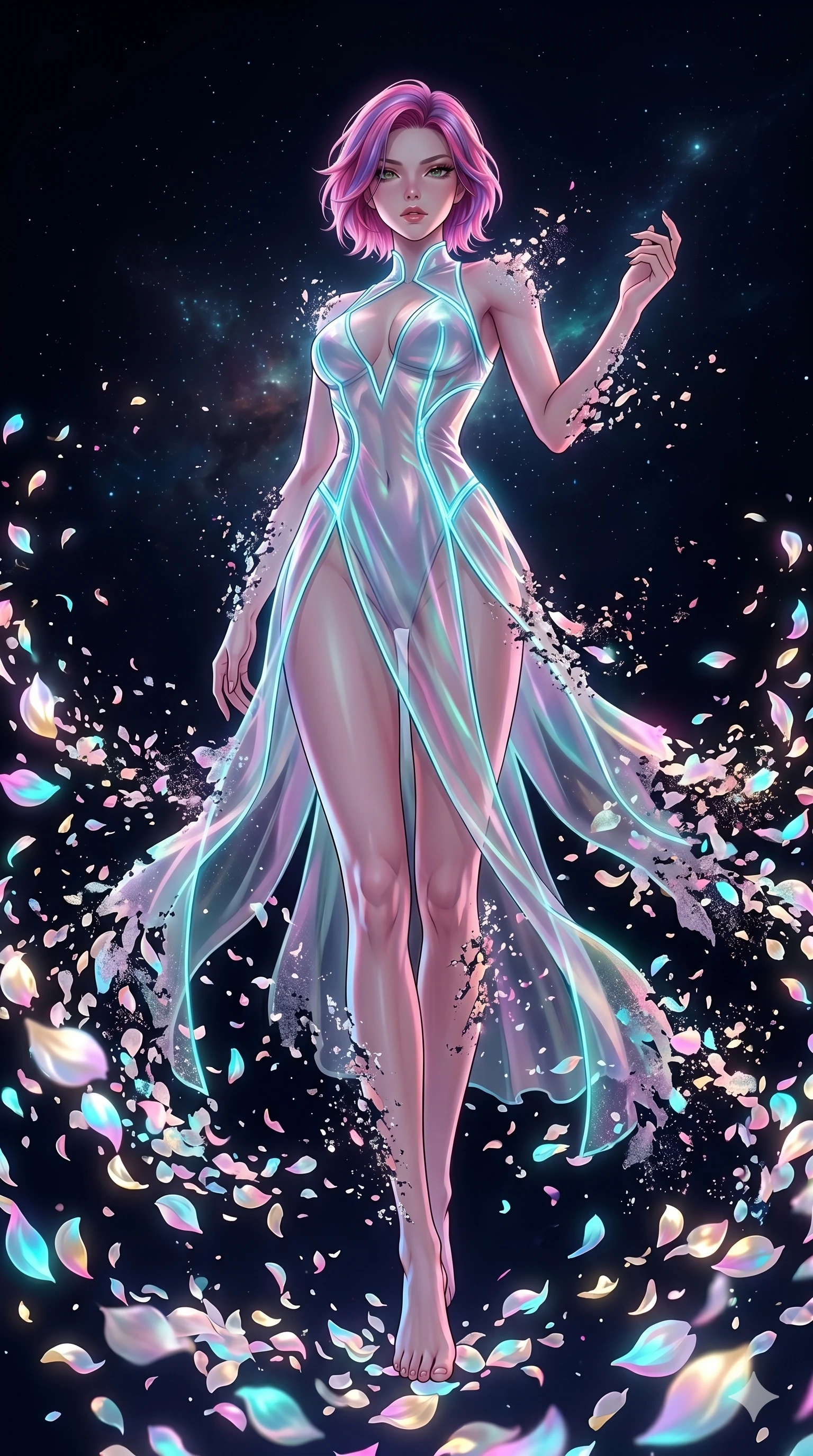 score_9, masterpiece, best quality, ultra-detailed, High-budget Anime Keyframe, East Asian woman. Low angle cowboy shot filling the entire 9:16 frame with her statuesque presence. Scenario 121: Dissolving into a cloud of iridescent silk petals in a void. Her presence is magnetic and overpowering in this high-budget anime scene. Outfit 121: A sheer organza dangerous with a high-cut leg line and glowing LED seams. The clothing is designed to emphasize her exceptionally tall and slender 8-heads proportion. 8-heads proportion, towering silhouette, ultra-slim waist. sharp v-shaped jawline, intricate jewel-like eyes with depth, thick eyelashes, glossy lips. 2k, ultra detail, master piece, 9:16 ratio