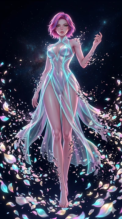 score_9, masterpiece, best quality, ultra-detailed, High-budget Anime Keyframe, East Asian woman. Low angle cowboy shot filling the entire 9:16 frame with her statuesque presence. Scenario 121: Dissolving into a cloud of iridescent silk petals in a v