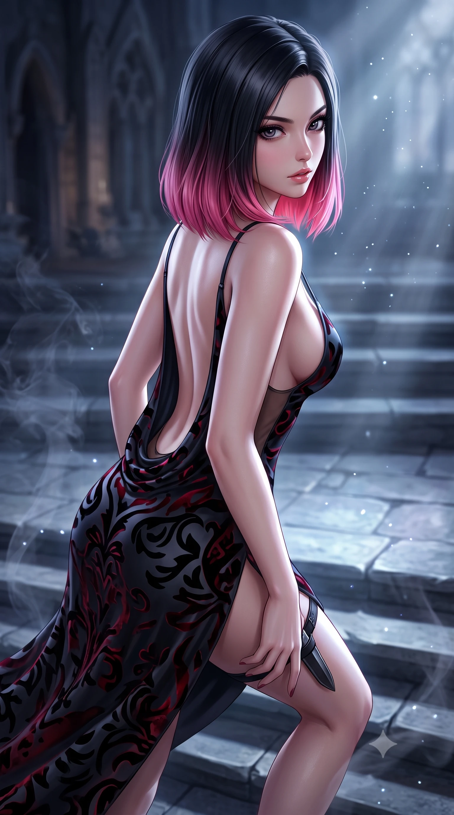 score_9, masterpiece, best quality, ultra-detailed, high-budget anime keyframe, semi-realistic 3D game render, editorial fashion photography, tasteful artistic composition, Korean woman. close-up cowboy shot from the waist and thighs up, the character dominates the composition, filling the frame with her large presence. leaning forward toward the camera with playful, breathtaking intimacy, eyes locked onto the viewer with irresistible charisma while descending the cold cathedral steps with fluid supermodel momentum, the night wind fluttering her dark drapery. The composition keeps background elements in soft focus with creamy bokeh. drifting incense smoke and lunar light rays scattering ethereal radiant motes across the stone flags. She has an exceptionally elegant, slender, and willowy female figure with an ultra-slim waist, a gracefully sculpted slender torso, toned flat midriff, and a refined slim silhouette. sharp v-shaped jawline, high-bridge nose, intricate jewel-like eyes with depth, thick eyelashes, glossy parted lips with a natural sheen, intensely captivating and seductive expression, flawlessly proportioned anatomical accuracy, strict slender model proportions, natural body alignment, perfectly sculpted long slender limbs, ultra-slim waistline, clean dynamic posture without body distortion. wearing a liquid black silk jersey slip gown descending to the waistline in a deep draped cowl back in midnight obsidian black and blood crimson, made of sheer contouring mesh with velvet flocking patterns, equipped with a concealed dagger sheath garter under her slit skirt, the dramatically scooped open back descending to the base of her spine, accentuating her razor-sharp statuesque lines and slim hourglass silhouette. illuminated by crisp specular highlights defining her sculpted jawline, bare spine, and long limbs. highly saturated vibrant anime colors, detailed shading with soft gradients, rich glossy textures, high-contrast stereoscopic depth, volumetric dynamic lighting, master piece, 9:16 ratio