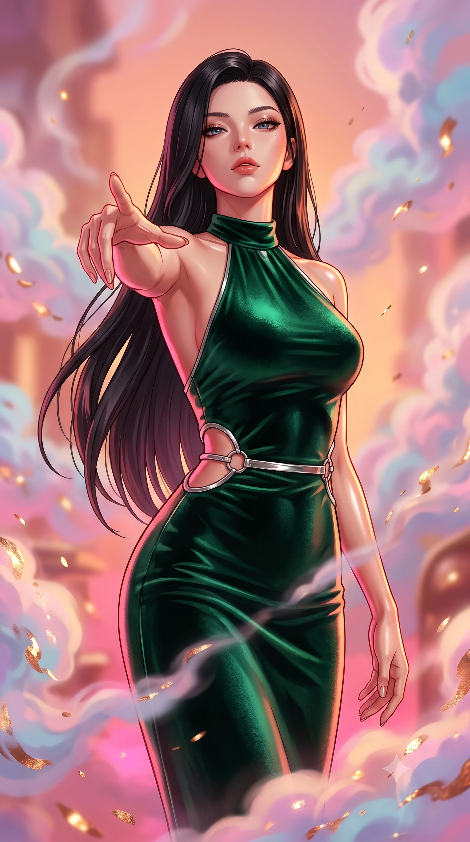 score_9, masterpiece, best quality, ultra-detailed, high-budget anime keyframe, editorial fashion photography, tasteful artistic composition, Korean woman. close-up cowboy shot from the waist and thighs up, the character dominates the composition, filling the frame with her large presence, background elements kept in soft focus. Tilting her chin up with an air of effortless superiority while balancing dynamically amidst the scene while pivoting dynamically with one hand extending toward the viewer in a power pose, pastel-colored steam clouds scattering bright metallic highlights. She has an exceptionally elegant, slender, and willowy female figure with an ultra-slim waist, a gracefully sculpted slender torso, and a refined silhouette. sharp v-shaped jawline, high-bridge nose, intricate jewel-like eyes with depth, thick eyelashes, glossy lips with a natural sheen, flawlessly proportioned anatomical accuracy, natural body alignment, perfectly sculpted elegant limbs, clean dynamic posture without body distortion. wearing a velvet halter-neck midi dress following her form like a glove in deep emerald green and silver accent, made of premium stretch velvet with a rich sheen, accented with delicate chrome ring hardware framing her waist, the sleek second-skin texture accentuating her magnetic presence. bathed in hot pink and orange furnace underlighting with sharp bronze speculars. highly saturated vibrant anime colors, detailed shading with soft gradients, rich glossy textures, high-contrast stereoscopic depth, volumetric dynamic lighting, master piece, 9:16 ratio