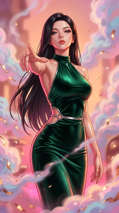 score_9, masterpiece, best quality, ultra-detailed, high-budget anime keyframe, editorial fashion photography, tasteful artistic composition, Korean woman. close-up cowboy shot from the waist and thighs up, the character dominates the composition, fi