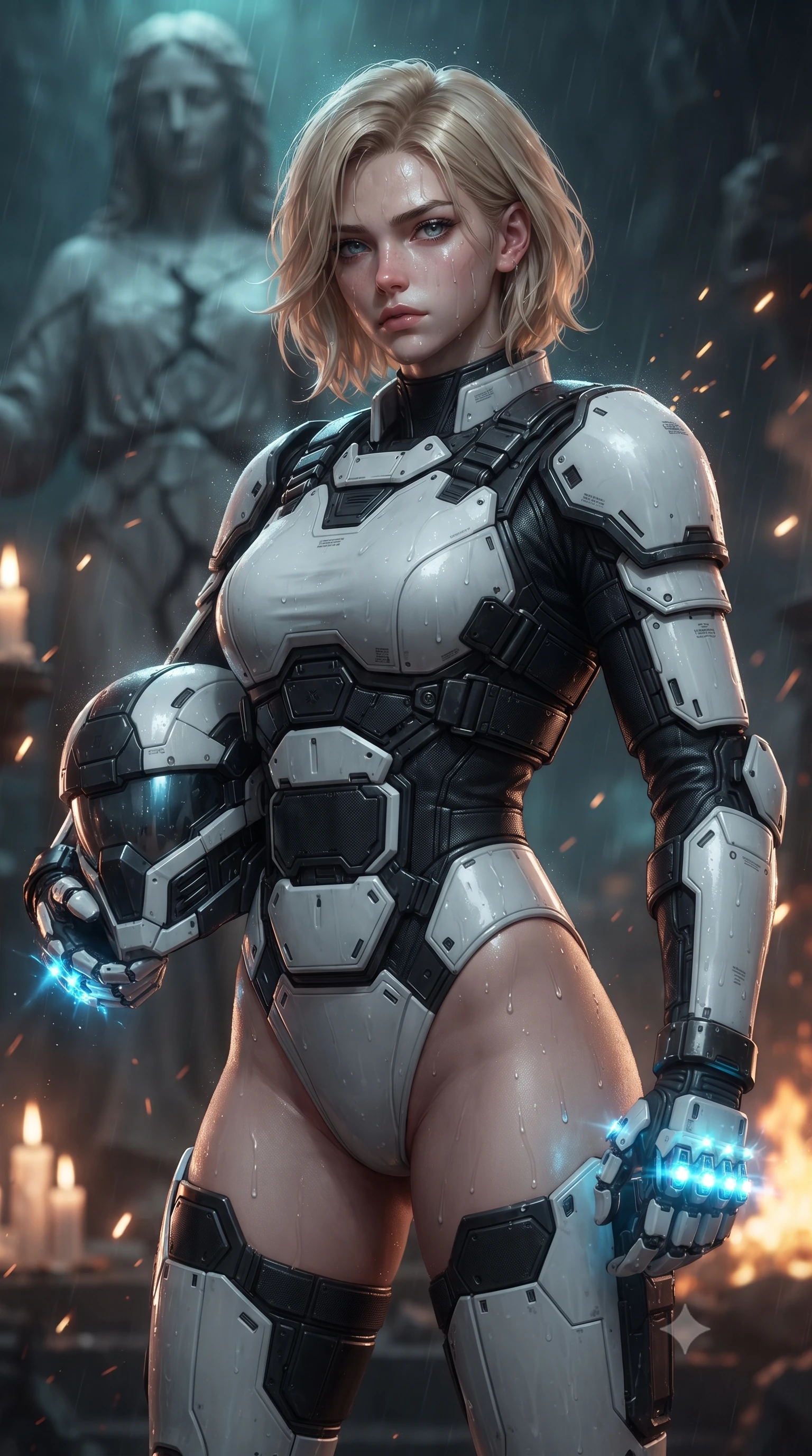 score_9, masterpiece, best quality, ultra-detailed, high-budget anime keyframe, editorial fashion photography, tasteful artistic composition, Caucasian woman. close-up cowboy shot from the waist and thighs up, the character dominates the composition, filling the frame with her large presence. tilting her head slightly with solemn warrior composure, sweat and rain glistening on her sculpted collarbones and high-bridge nose while pivoting dynamically beside a colossal fractured saint statue, her kinetic knuckle dampers glowing with intense blue energy. The composition keeps background elements in soft focus with creamy bokeh. sparks from severed high-voltage conduits scattering radiant light motes across a dark sacred battlefield. She has an exceptionally elegant, slender, and willowy female figure with an ultra-slim waist, a gracefully sculpted slender torso, toned flat midriff, and a refined slim silhouette. sharp v-shaped jawline, high-bridge nose, intricate jewel-like eyes with depth, thick eyelashes, glossy lips with a natural sheen, fierce and resolute heroine expression, flawlessly proportioned anatomical accuracy, strict slender model proportions, natural body alignment, perfectly sculpted long slender limbs, ultra-slim waistline, clean dynamic posture without body distortion. holding a modular carbon battle-helmet under one arm, her flawless face and sculpted neck exposed to the rain with determined warrior focus, paired with a heavy modular carbon-fiber combat cuirass paired with a second-skin tactical leotard and reinforced titanium shoulder pauldrons in monochrome white enamel carbon with high-contrast black tactical panels, made of lightweight aerodynamic carbon-titanium alloy with precision-beveled armor seams, detailed with kinetic shock-dampening knuckle guards and polished chrome connection joints, the form-contouring material adhering flawlessly to her sculpted flat midriff and slender torso, emphasizing her long leg lines and perfectly proportioned willowy build. bathed in flickering candlelight and blazing fires with cool cyan kinetic energy backlighting. ultra-reflective glossy finish, specular highlights, dark metallic sheen, high-contrast stereoscopic depth, volumetric dynamic lighting, 2k, ultra detail, master piece, 9:16 ratio