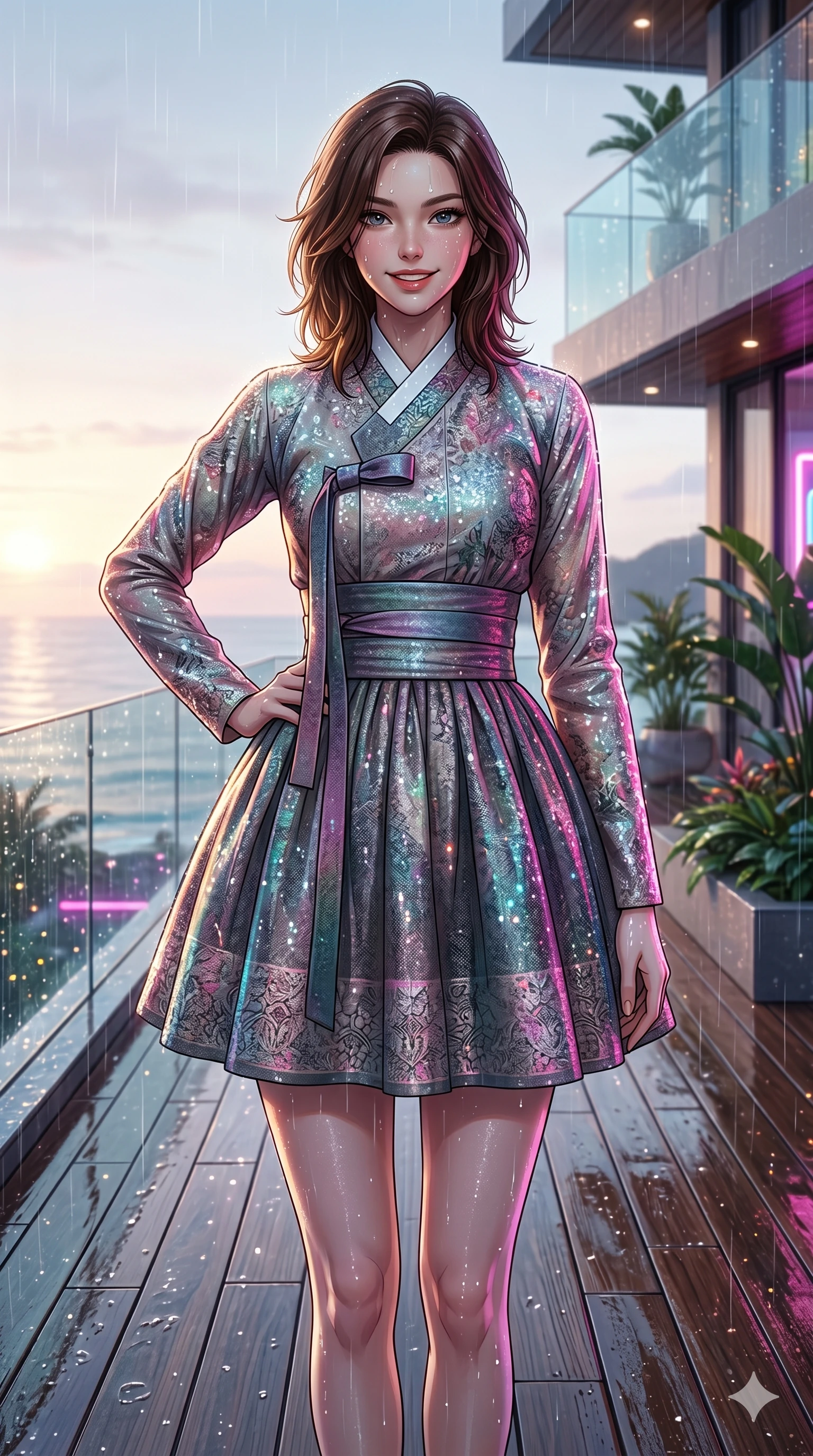 score_9, masterpiece, best quality, ultra-detailed, high-budget anime keyframe, editorial fashion photography, tasteful artistic composition, Korean woman. cowboy shot from the thighs up, character and outfit filling the frame for maximum editorial presence. posing with quiet magnetic self-assurance, looking directly into the lens with a confident grin on a private teak deck of a luxury beach villa at dawn (Code-P17-039). She has an absolutely perfect 8-heads proportion, an exceptionally tall and slender female figure with impossibly long slender legs and an ultra-slim waist. V-shaped jawline, high-bridge nose, intricate jewel-like eyes with depth, thick eyelashes, glossy lips with a natural sheen. wearing a modern high-neck fusion hanbok with long sleeves and a wide sash. neon lights refracting through the rain droplets, creating a sparkling, wet glow on her. 2k, ultra detail, master piece, 9:16 ratio