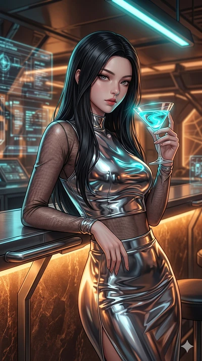 score_9, masterpiece, best quality, ultra-detailed, high-budget anime keyframe, Korean woman. Upper body close-up from the thighs up, character filling the screen for maximum presence. Leaning against the bar of a high-tech lounge, swirling a glowing