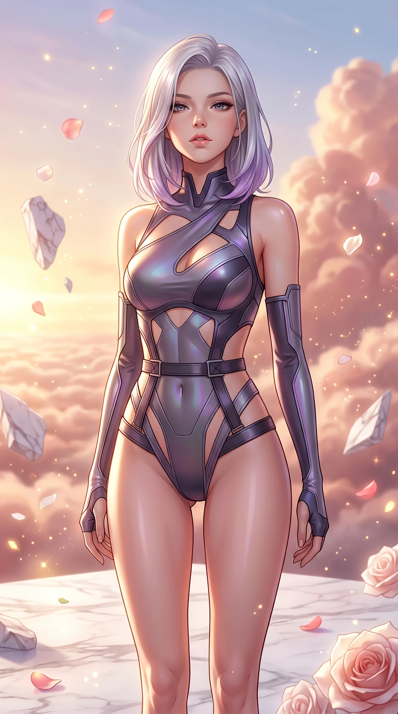 score_9, masterpiece, best quality, ultra-detailed, high-budget anime keyframe, editorial fashion photography, tasteful artistic composition, Caucasian woman. close-up cowboy shot from the waist and thighs up, the character dominates the composition, filling the frame with her large presence, background elements kept in soft focus. Tilting her chin up slightly with lips parted in a magnetic, composed expression standing on a floating white marble terrace above a sea of rose-gold clouds, floating rose petals and golden dust motes sparkling in the air. She has an exceptionally elegant, slender, and willowy female figure with an ultra-slim waist, a gracefully sculpted slender torso, and a refined silhouette. sharp v-shaped jawline, high-bridge nose, intricate jewel-like eyes with depth, thick eyelashes, glossy lips with a natural sheen. wearing an asymmetrical high-cut tech-bodysuit with detached sleeves and waist-framing straps, the glove-like fit emphasizing her statuesque silhouette. lit by brilliant warm key light softening into smooth, elegant gradients. highly saturated vibrant anime colors, detailed shading with soft gradients, rich glossy textures, high-contrast stereoscopic depth, volumetric dynamic lighting, master piece, 9:16 ratio