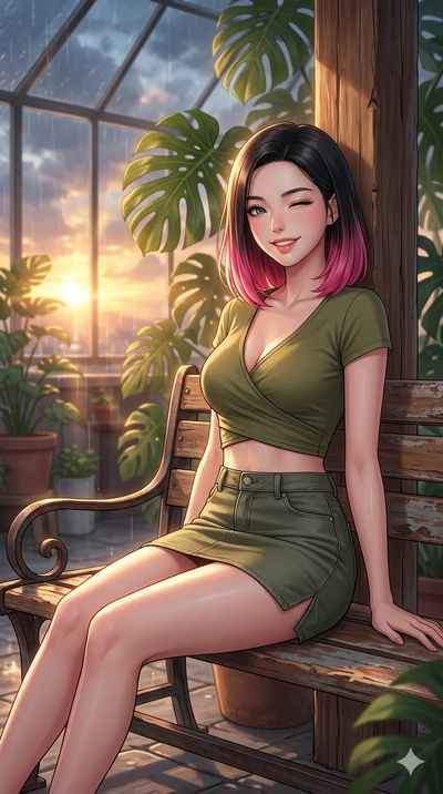 score_9, masterpiece, best quality, ultra-detailed, high-budget anime keyframe, vibrant anime aesthetic, Korean woman. close-up cowboy shot from the waist and thighs up, the character dominates the composition, filling the frame with her large presen