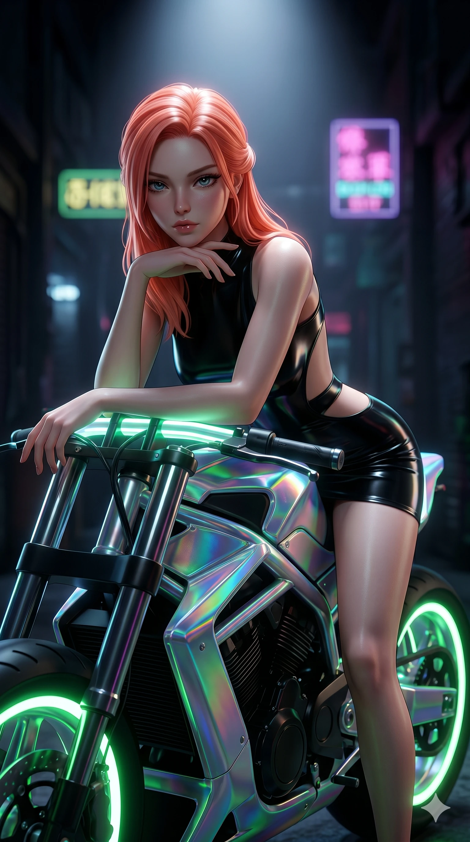 score_9, masterpiece, best quality, ultra-detailed, high-budget anime keyframe, semi-realistic 3D game render, Japanese woman. Upper body close-up from the thighs up, character filling the screen for maximum presence. She is leaning over a sleek, glowing holographic cyberpunk motorcycle. She rests her chin on the handlebars, looking directly at the camera with an intense, sultry gaze. She has an absolutely perfect 8-heads proportion, an exceptionally tall and slender female figure with impossibly long slender legs and an ultra-slim waist. V-shaped jawline, high-bridge nose, intricate jewel-like eyes with depth, thick eyelashes, glossy lips with a natural sheen. She is wearing a second-skin fashion-latex mini dress with a clean architectural front, featuring an open-back design that wraps around the sides of her waist, showcasing her slender silhouette. The scene is lit by the neon green wheels of the bike and a bright overhead studio spotlight. 2k, ultra detail, master piece, 9:16 ratio