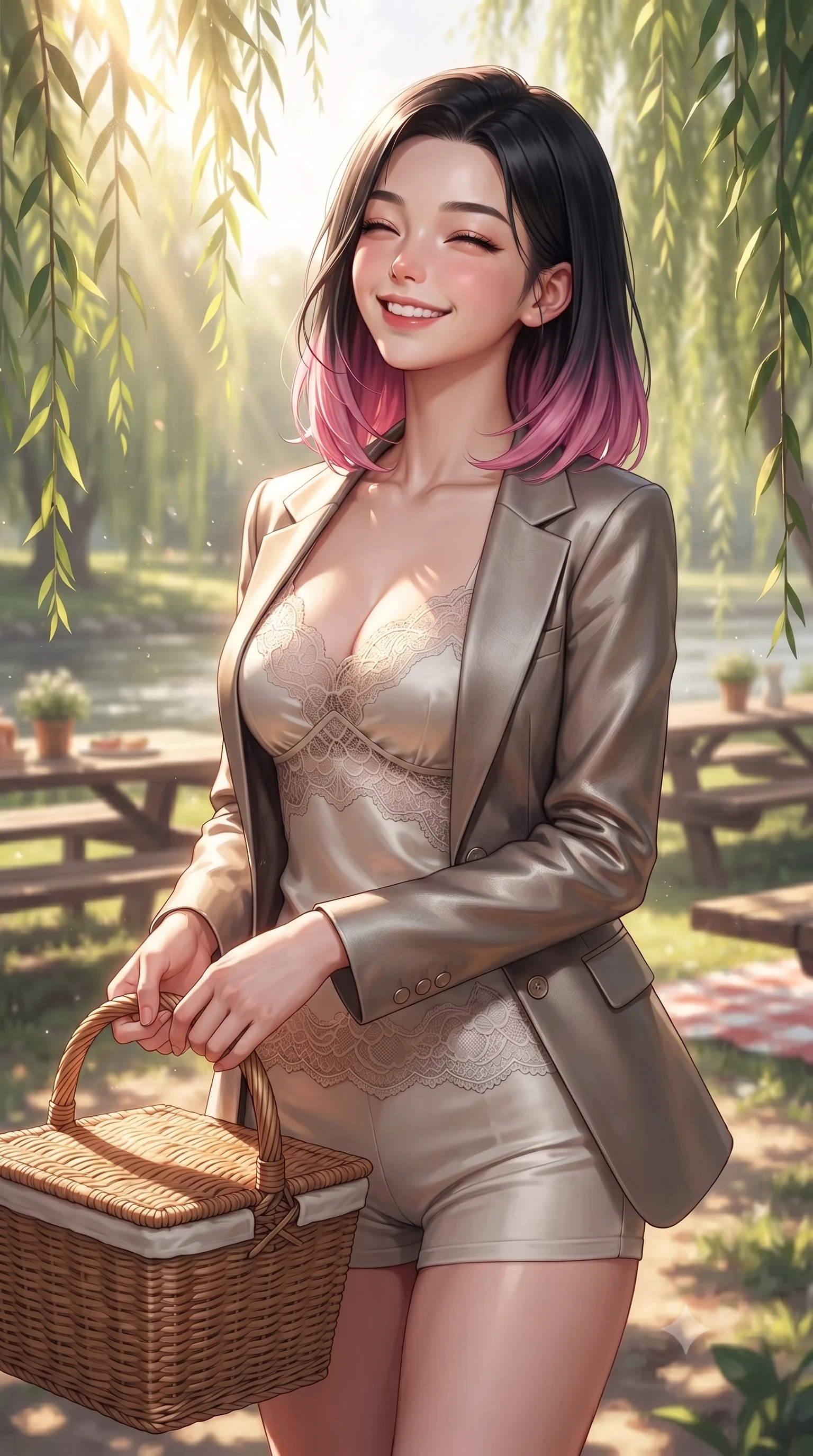 score_9, masterpiece, best quality, ultra-detailed, high-budget anime keyframe, editorial fashion photography, tasteful artistic composition, Korean woman. close-up cowboy shot from the waist and thighs up, the character dominates the composition, filling the frame with her large presence, background elements kept in soft focus. smiling happily with closed eyes, enjoying the warm sunbeams on her face set against a soft-focus background of at a riverside picnic area with wooden tables under weeping willow trees holding a woven picnic basket with a bright, cheerful expression. She has an exceptionally elegant, slender, and willowy female figure with an ultra-slim waist, a gracefully sculpted slender torso, and a refined silhouette. sharp v-shaped jawline, high-bridge nose, intricate jewel-like eyes with depth, thick eyelashes, glossy lips with a natural sheen. wearing form-contouring delicate silk camisole with lace panels and a tailored blazer worn open over form-contouring shorts. dappled sunlight filtering through the weeping willow leaves onto her face. ultra-reflective glossy finish, specular highlights, metallic sheen, high-contrast stereoscopic depth, volumetric dynamic lighting, 2k, ultra detail, master piece, 9:16 ratio