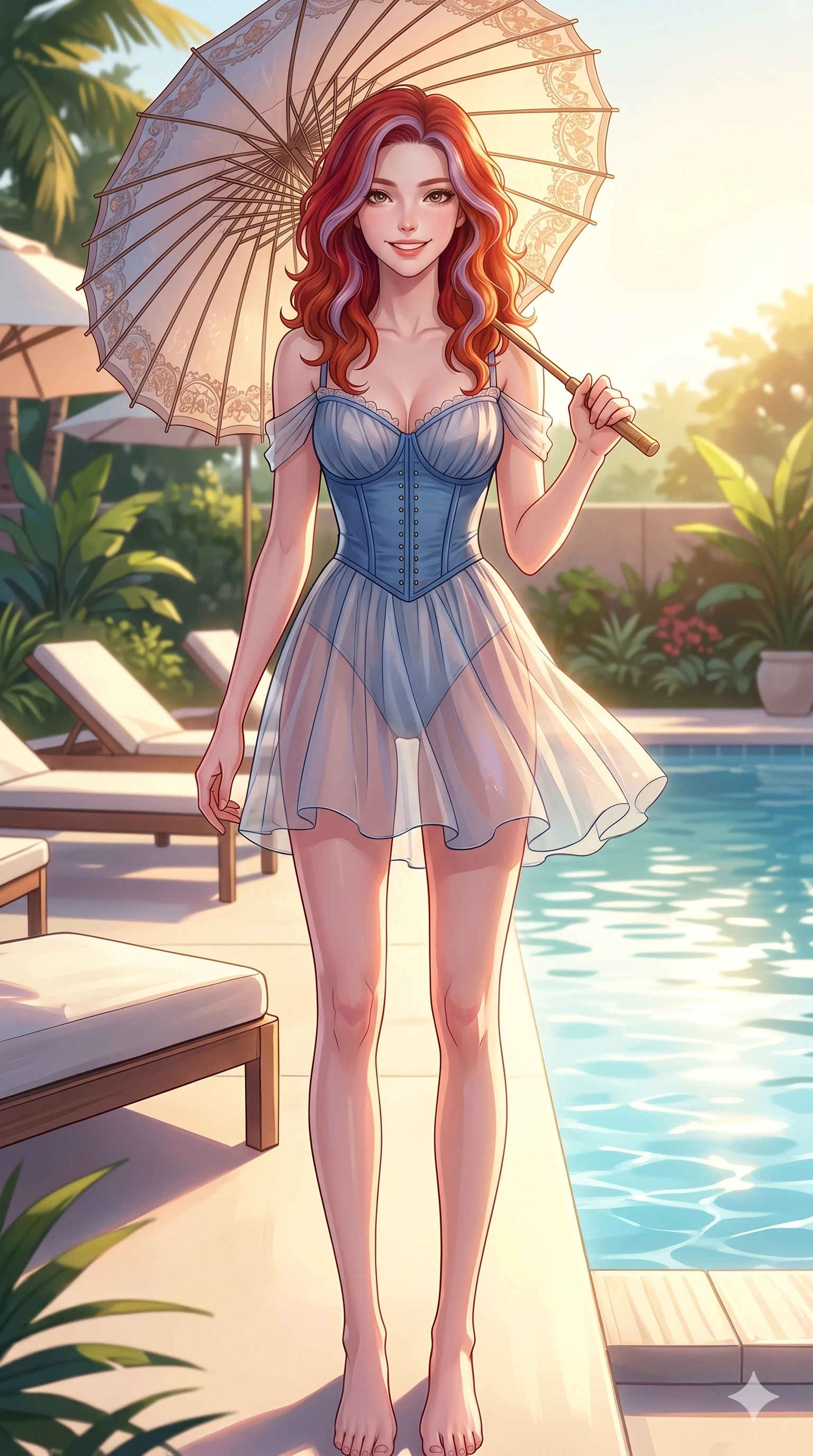 score_9, masterpiece, best quality, ultra-detailed, high-budget anime keyframe, vibrant anime aesthetic, Caucasian woman, strictly human ears. cowboy shot from the thighs up, character and outfit filling the frame for maximum presence. She is holding a parasol with a bright, charming smile, looking directly at the lens by a private resort pool under bright afternoon sun (Code-P20-163). She has an absolutely perfect 8-heads proportion, an exceptionally tall and slender female figure with impossibly long slender legs and an ultra-slim waist. V-shaped jawline, high-bridge nose, intricate jewel-like eyes with depth, thick eyelashes, glossy lips with a natural sheen. wearing a sheer chiffon dress with a blue corset bodice. She is bathed in soft, radiant golden hour sun casting long, elegant shadows around her. 2k, ultra detail, master piece, 9:16 ratio