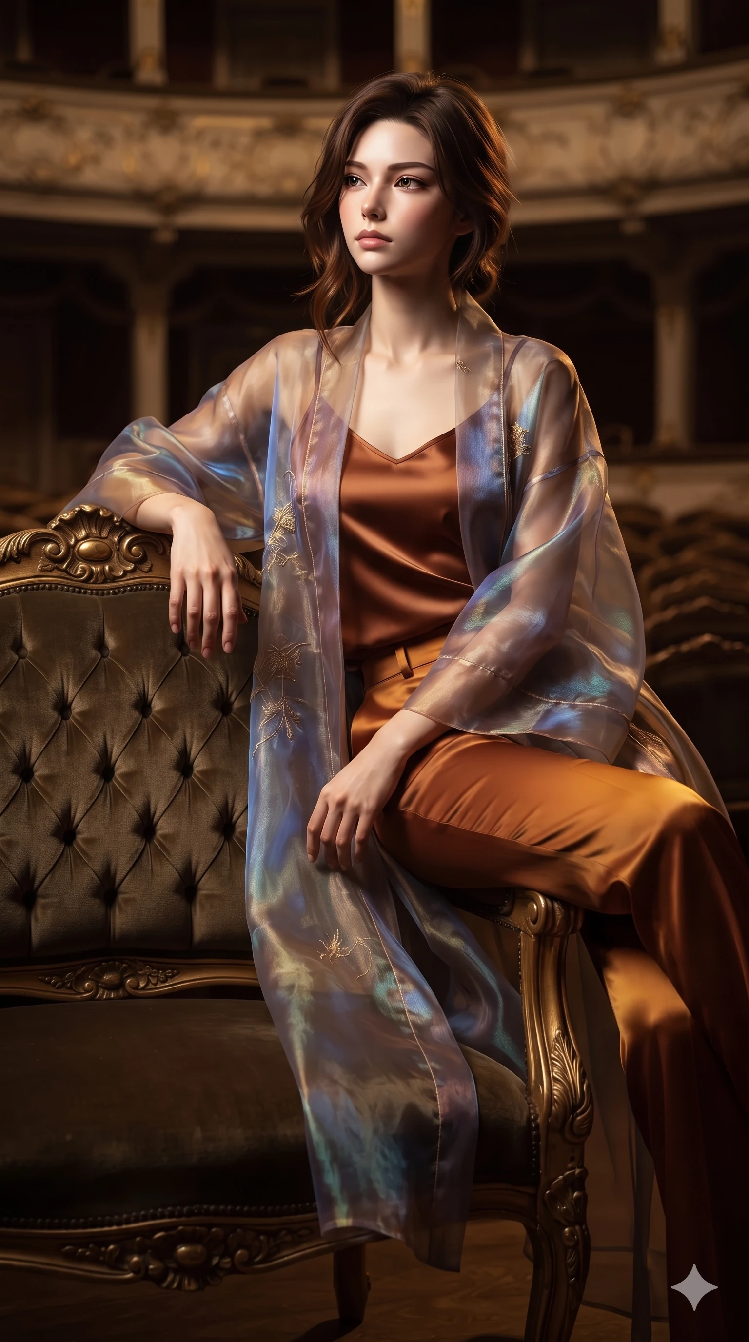 score_9, masterpiece, best quality, ultra-detailed, high-budget anime keyframe, editorial fashion photography, tasteful artistic composition, Korean woman. close-up cowboy shot from the waist and thighs up, the character dominates the composition, filling the frame with her large presence. perched sideways on the vintage settee, one knee drawn up to showcase her slender leg line while her arched back accentuates her feminine hip curve while sitting gracefully in the high-backed velvet royal chair with legs crossed, flashing an enchanting, dangerous smile with parted glossy lips. The background shows a soft-focus theatrical grand tier atmosphere softened in royal opera salon shallow focus. She has an exceptionally elegant, slender, and willowy female figure with an ultra-slim waist, flat toned midriff, narrow ribcage, and sculpted feminine hips creating an alluring, slim hourglass silhouette without bulk. sharp v-shaped jawline, high-bridge nose, intricate jewel-like sparkling eyes with depth, thick eyelashes, glossy parted lips with a natural sheen, intensely captivating and seductive bedroom-eyes expression, exuding both youthful cute charm and sovereign luxury allure, flawlessly proportioned anatomical accuracy, strict slender model proportions, natural body alignment, perfectly sculpted long slender limbs, ultra-slim waistline, clean dynamic posture without body distortion. wearing a translucent iridescent organza kimono robe slipping off bare shoulders over a matching satin micro-bralette and micro-shorts in rich copper bronze and warm amber, woven from fine semi-opaque stretch illusion mesh tracing her slender contours, accented with an open-back drape framed by falling strands of delicate chrome chains, the form-contouring cut accentuating her sculpted flat midriff, narrow delicate ribcage, and gracefully curvy hips with intoxicating allure. illuminated by velvet loge bounce and sharp gold-crimson rim lights defining her razor-sharp jawline, narrow waist, and curvy hips. ultra-reflective glossy finish, specular highlights, rich textural contrasts, high-contrast stereoscopic depth, volumetric dynamic lighting, 2k, ultra detail, master piece, 9:16 ratio