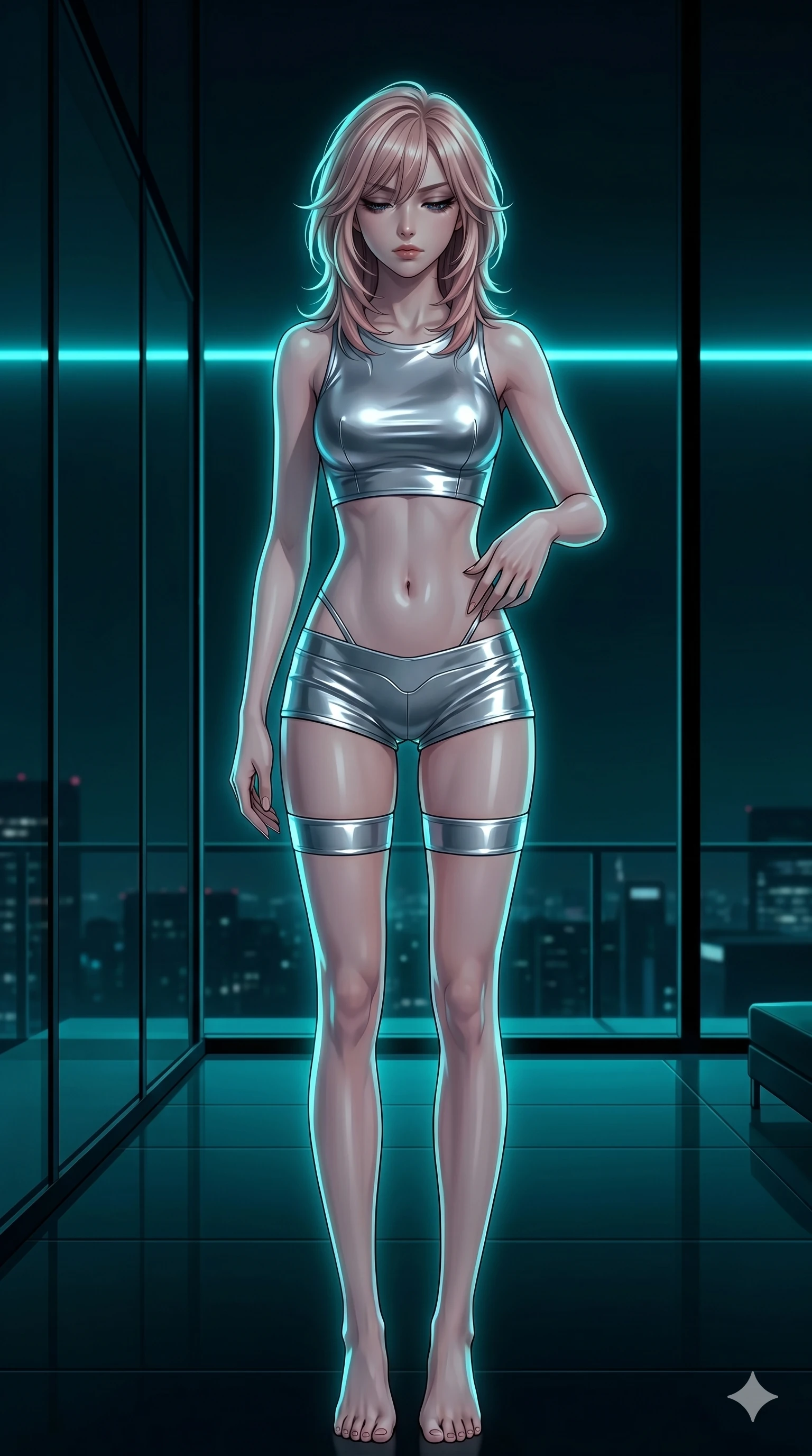 score_9, masterpiece, best quality, ultra-detailed, high-budget anime keyframe, editorial fashion photography, tasteful artistic composition, Japanese woman. cowboy shot from the thighs up, character and outfit filling the frame for maximum editorial presence. looking down with lowered lashes, her expression dark and filled with haughty, composed and cool expression, one hand tracing her waist within a luxurious minimalist penthouse with floor-to-ceiling glass walls (Scenario Code H-24). She has an absolutely perfect 8-heads proportion, an exceptionally tall and slender female figure with impossibly long slender legs and an ultra-slim waist. V-shaped jawline, high-bridge nose, intricate jewel-like eyes with depth, thick eyelashes, glossy lips with a natural sheen. wearing a glossy metallic silver crop top paired with low-rise contoured shorts and a matching leg styling bands. lit by a pulsing neon cyan rim light that separates her silhouette from the dark background. 2k, ultra detail, master piece, 9:16 ratio