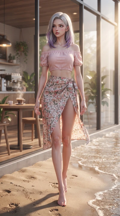 score_9, masterpiece, best quality, ultra-detailed, high-budget anime keyframe, editorial fashion photography, tasteful artistic composition, Caucasian woman woman. low angle full-body shot from head to toe showing her feet, filling the entire 9:16 v