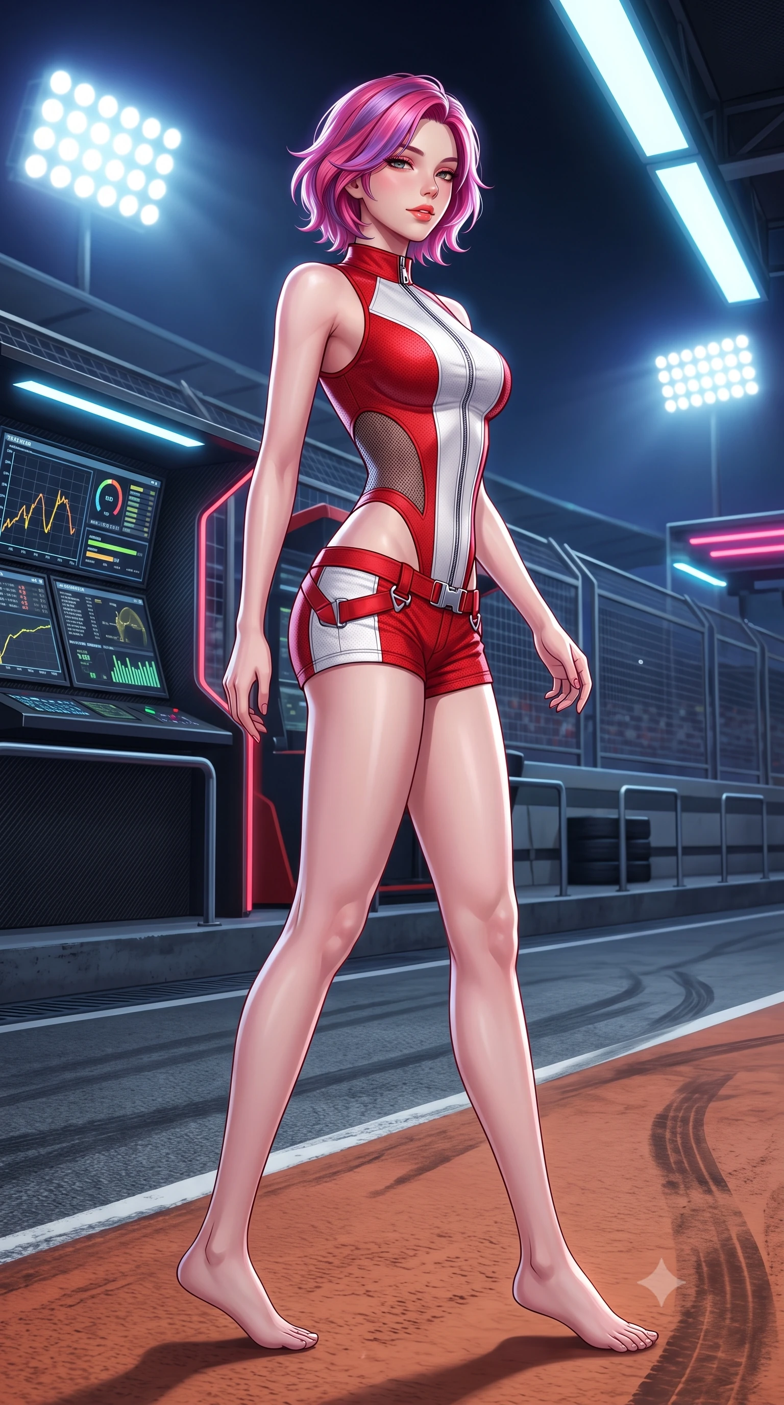 score_9, masterpiece, best quality, ultra-detailed, high-budget anime keyframe, semi-realistic 3D game render, editorial fashion photography, tasteful artistic composition, Caucasian woman. low angle full-body shot from head to toe showing her feet, filling the entire 9:16 vertical frame with her statuesque presence, stretching her vertical silhouette. walking slowly along the clay court baseline, looking back over her shoulder with an air of effortless grace and an alluring, smoldering smile while twisting her slender torso in an alluring S-curve, dazzling 2000-lux track floodlights casting crisp geometric shadows across her curves and waist. The surrounding environment is rendered in vivid detail and crisp panoramic clarity: sharp telemetry monitor graphic screens, carbon pit wall panel textures, and asphalt tire rubber scuffs in deep focus. She has an absolutely perfect, statuesque 8.5-heads proportion, an exceptionally tall and slender model-like female figure with impossibly long slender legs, an ultra-slim waist, a flat toned midriff, narrow delicate ribcage, and beautifully sculpted feminine hips creating a graceful, slim hourglass silhouette without any bulky heaviness. sharp v-shaped jawline, high-bridge nose, sparkling eyes with athletic focus and depth, thick curled eyelashes, glossy parted lips with a natural coral-peach sheen, bright confident and coquettish smile with alluring bedroom-eyes, exuding both youthful sporty vigor and sovereign high-society glamour, flawlessly proportioned anatomical accuracy, strict slender model proportions, natural body alignment, perfectly sculpted long slender limbs, ultra-slim waistline, clean dynamic posture without body distortion. wearing a cut-out racing bodysuit with side-torso mesh inserts and low-rise tailored tennis shorts in Scuderia racing red and pure alabaster white, woven from semi-opaque performance athletic mesh with hexagonal micro-perforations, finished with polished chrome zipper pulls and racing harness buckle hardware, the glove-like aerodynamic silhouette tightly following the natural contour of her hips and long slender legs with youthful 8.5-heads elegance. bathed in intense, high-contrast track floodlight white and pit-box neon accents. highly saturated vibrant anime colors, detailed shading with soft gradients, rich glossy textures, high-contrast stereoscopic depth, volumetric dynamic lighting, master piece, 9:16 ratio