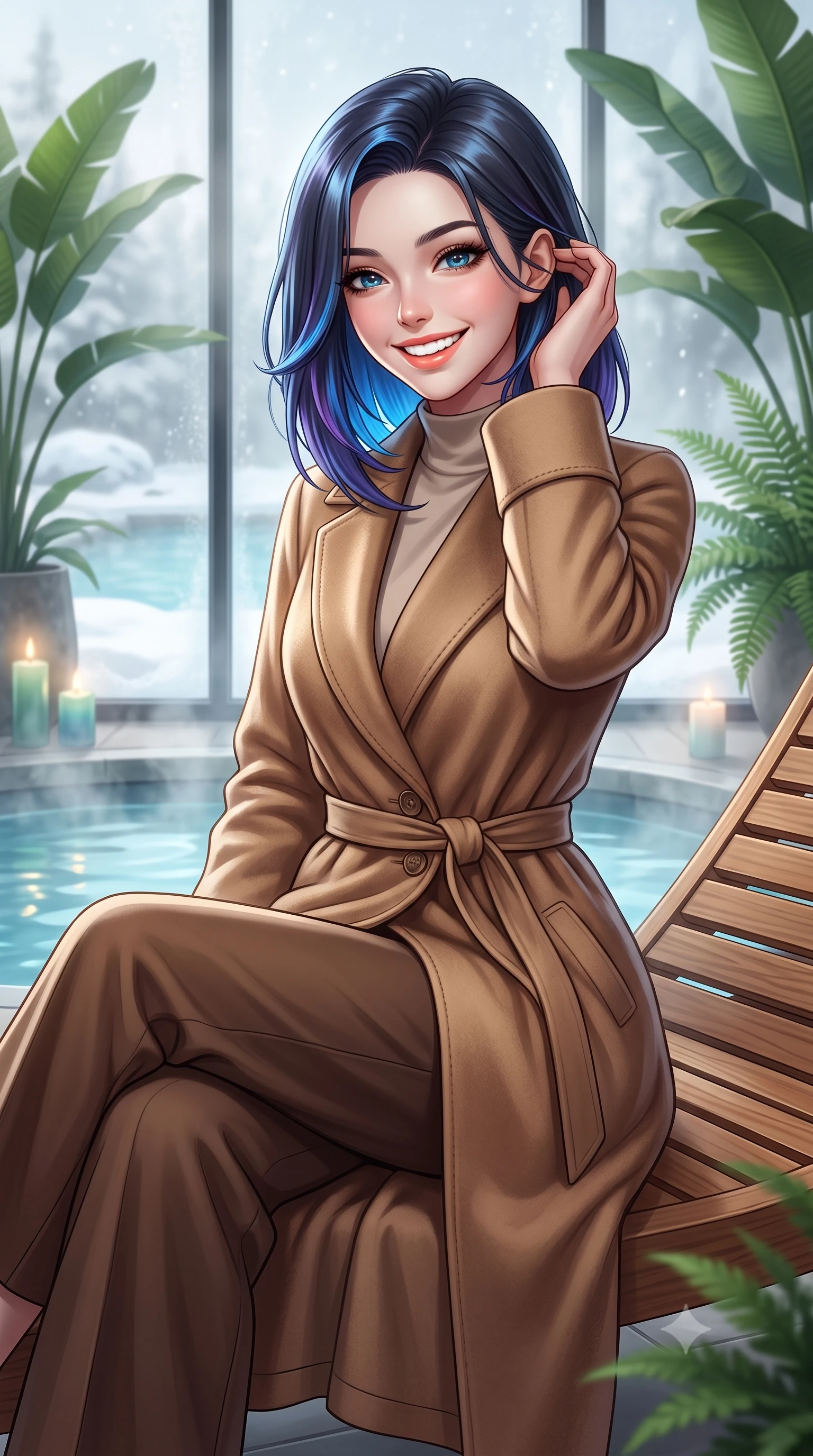 score_9, masterpiece, best quality, ultra-detailed, high-budget anime keyframe, semi-realistic 3D game render, editorial fashion photography, tasteful artistic composition, Caucasian woman. close-up cowboy shot from the waist and thighs up, the character dominates the composition, filling the frame with her large presence. gently brushing a lock of hair behind her ear with one hand while flashing a radiant, joyful smile while sitting gracefully on an ergonomic teak chaise lounge beside the thermal relaxation pool, wrapped in a plush cashmere robe coat with quiet luxury. The background shows a soft-focus steaming outdoor snow pools seen through glass, lush indoor banana palms and ferns, and soft candlelight blurred into jade, azure, and vaporous white bokeh. She has an exceptionally elegant, slender, and willowy female figure with an ultra-slim waist, flat toned midriff, narrow ribcage, and sculpted feminine hips creating an alluring, slim hourglass silhouette without bulk. sharp v-shaped jawline, high-bridge nose, intricate jewel-like sparkling eyes with depth, thick eyelashes, glossy parted lips with a natural peach sheen, bright cheerful beaming smile with an enchanting and coquettish sensual glint, exuding both youthful cute charm and seductive allure, flawlessly proportioned anatomical accuracy, strict slender model proportions, natural body alignment, perfectly sculpted long slender limbs, ultra-slim waistline, clean dynamic posture without body distortion. wearing a modern tailored silk-blend robe coat with minimalist sash belt layered over a high-neck blouse and wide culottes in Saint-Germain camel wool and warm espresso, made of luxurious brushed wool flannel with rich textural depth and clean structure, featuring delicate tonal horn buttons and meticulous hand-stitched pick-lapel borders, the precision-cut high-waisted tailoring accentuating her ultra-slim waist and long slender leg line with immaculate aristocratic poise. bathed in calm diffused winter daylight filtering through steamy glass panes combined with warm 2800K recessed floor lights. highly saturated vibrant anime colors, detailed shading with soft gradients, rich glossy textures, high-contrast stereoscopic depth, volumetric dynamic lighting, master piece, 9:16 ratio