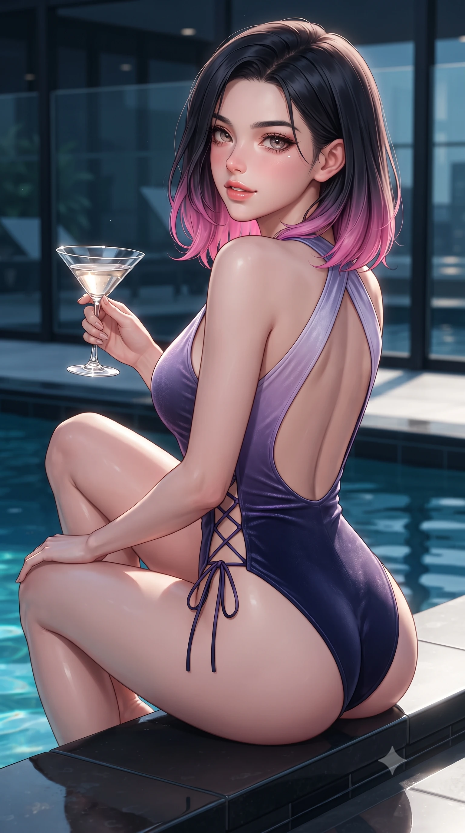 score_9, masterpiece, best quality, ultra-detailed, high-budget anime keyframe, editorial fashion photography, tasteful artistic composition, Korean woman. close-up cowboy shot from the waist and thighs up, the character dominates the composition, filling the frame with her large presence. posing in an alluring rear three-quarter angle, looking over a bare shoulder with parted glossy lips, her hips cocked back to highlight her slim hourglass curve while sitting perched on the black basalt pool rim with one knee drawn up, holding a martini glass with sovereign Hollywood poise. The surrounding environment is rendered in vivid detail and crisp panoramic clarity: sharp black basalt pool coping, glasshouse steel mullion joints, and distant street grid light clarity in deep focus. She has an exceptionally elegant, slender, and willowy female figure with an ultra-slim waist, flat toned midriff, narrow ribcage, and sculpted feminine hips creating an alluring, slim hourglass silhouette without bulk. sharp v-shaped jawline, high-bridge nose, sparkling eyes with hypnotic seductive depth, thick curled eyelashes, glossy parted lips with a natural dewy peach sheen, alluring bedroom-eyes with an enchanting coquettish smile, exuding magnetic siren charisma and sophisticated glamour, flawlessly proportioned anatomical accuracy, strict slender model proportions, natural body alignment, perfectly sculpted long slender limbs, ultra-slim waistline, clean dynamic posture without body distortion. wearing a criss-cross halterneck keyhole bodysuit with open back and sculpted waist darts in twilight lavender and midnight indigo, tailored from ultra-plush velvet with rich tactile depth and deep shadow gradients, featuring fine criss-cross lace-up side ties revealing tantalizing glimpses of her hip curve, the precision-cut side openings and low-back scoop framing her graceful spine and the sensual sweep of her slim, toned hips. illuminated by pool water specular bounce and sharp platinum rim lights defining her delicate clavicles, ultra-slim waist, and curvy hips. ultra-reflective glossy finish, specular highlights, rich textural contrasts, high-contrast stereoscopic depth, volumetric dynamic lighting, 2k, ultra detail, master piece, 9:16 ratio
