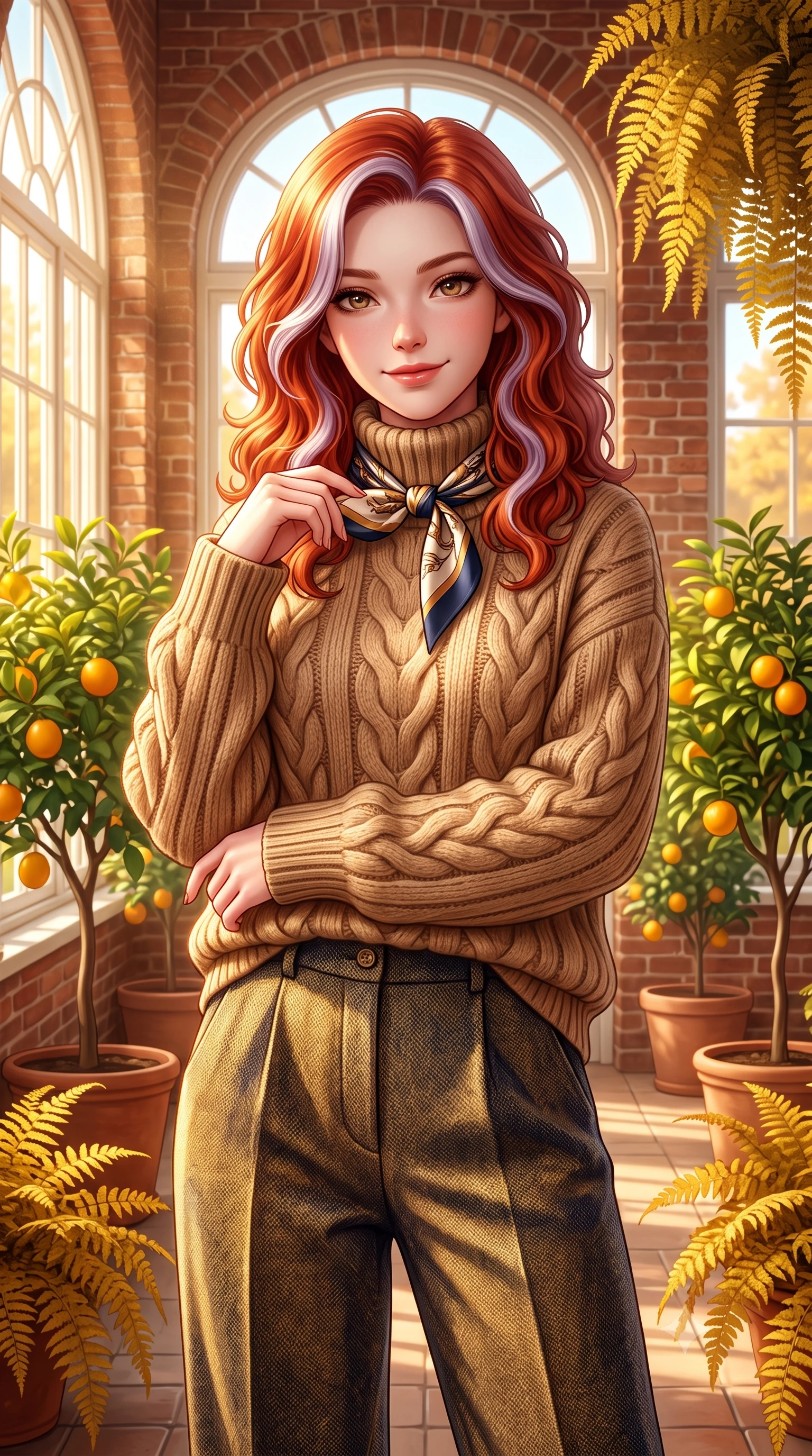 score_9, masterpiece, best quality, ultra-detailed, high-budget anime keyframe, semi-realistic 3D game render, editorial fashion photography, tasteful artistic composition, Caucasian woman. close-up cowboy shot from the waist and thighs up, the character dominates the composition, filling the frame with her large presence. touching her silk scarf with delicate fingertips while casting an affectionate, warm glance toward the lens while standing amidst potted citrus trees and cascading golden ferns inside the historic brick orangery, smiling warmly at the camera. The surrounding environment is rendered in vivid detail and crisp panoramic clarity: detailed cable-knit cashmere sweater ribbing, silk twilly neck scarf knot, and baroque palace garden craft in razor-sharp precision. She has an exceptionally elegant, slender, and willowy female figure with an ultra-slim waist, flat toned midriff, narrow ribcage, and sculpted feminine hips creating an alluring, slim hourglass silhouette without bulk. sharp v-shaped jawline, high-bridge nose, intricate jewel-like sparkling eyes with depth, thick eyelashes, glossy parted lips with a natural peach sheen, bright cheerful beaming smile with an enchanting and coquettish sensual glint, exuding both youthful cute charm and seductive allure, flawlessly proportioned anatomical accuracy, strict slender model proportions, natural body alignment, perfectly sculpted long slender limbs, ultra-slim waistline, clean dynamic posture without body distortion. wearing an oversized chunky cable-knit cashmere roll-neck sweater paired with brushed wool flannel wide-leg trousers in Ginza vintage brass gold and midnight navy, tailored from heritage British Harris Tweed with rich multi-tonal yarn weave, complemented by classic polished leather oxfords with brogue perforations, the bespoke architectural tailoring hugging her natural waistline with sartorial precision, creating a clean graceful hourglass silhouette with tall model elegance. bathed in warm 3200K autumn sunlight streaming through floor-to-ceiling arched south-facing conservatory windows. highly saturated vibrant anime colors, detailed shading with soft gradients, rich glossy textures, high-contrast stereoscopic depth, volumetric dynamic lighting, master piece, 9:16 ratio