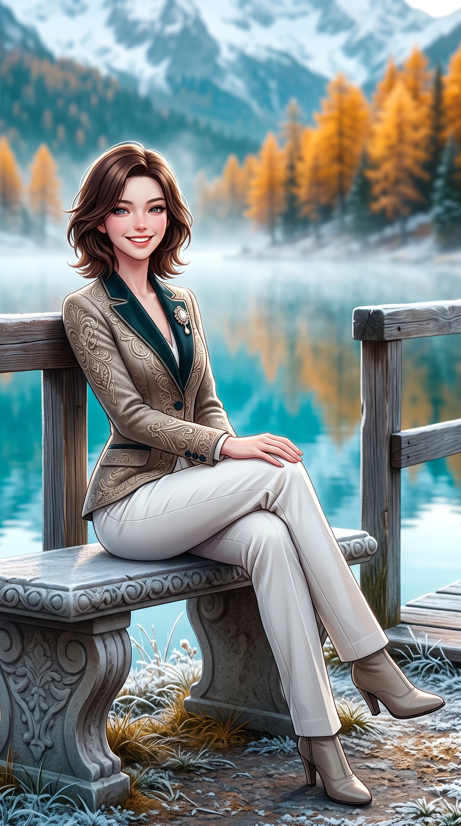 score_9, masterpiece, best quality, ultra-detailed, high-budget anime keyframe, semi-realistic 3D game render, editorial fashion photography, tasteful artistic composition, Korean woman. low angle full-body shot from head to toe showing her feet, filling the entire 9:16 vertical frame with her statuesque presence, stretching her vertical silhouette. sitting gracefully on the carved stone bench with legs crossed at the ankles, hands resting gently in her lap with noble poise while leaning against the rustic timber pier railing, watching mist dance across the lake surface with tranquil poetic charm. The background shows a soft-focus mirror-like turquoise lake reflecting snow peaks, blazing golden needle larch trees, and early morning shoreline frost blurred into turquoise, marigold, and frost white bokeh. She has an exceptionally tall and slender model-like 8.5-heads proportion, an ultra-slim waist, a flat toned midriff, narrow delicate ribcage, and beautifully sculpted feminine hips creating a graceful, slim hourglass silhouette without any bulky heaviness, with impossibly long slender legs. sharp v-shaped jawline, high-bridge nose, intricate jewel-like sparkling eyes with depth, thick eyelashes, glossy parted lips with a natural peach sheen, bright cheerful beaming smile with an enchanting and coquettish sensual glint, exuding both youthful cute charm and seductive allure, flawlessly proportioned anatomical accuracy, strict slender model proportions, natural body alignment, perfectly sculpted long slender limbs, ultra-slim waistline, clean dynamic posture without body distortion. wearing a retro Art Deco embroidered wool blazer with velvet lapels paired with high-waisted pressed trousers in Swiss alpine snow white and oat cashmere, made of crisp Egyptian cotton poplin with pristine tailored pressing, complemented by an antique baroque pearl brooch pinned tastefully on the lapel, the bespoke architectural tailoring hugging her natural waistline with sartorial precision, creating a clean graceful hourglass silhouette with tall model elegance. illuminated by frosted ground bounce and sharp crystalline rim lights defining her features, narrow waist, and statuesque height. highly saturated vibrant anime colors, detailed shading with soft gradients, rich glossy textures, high-contrast stereoscopic depth, volumetric dynamic lighting, master piece, 9:16 ratio