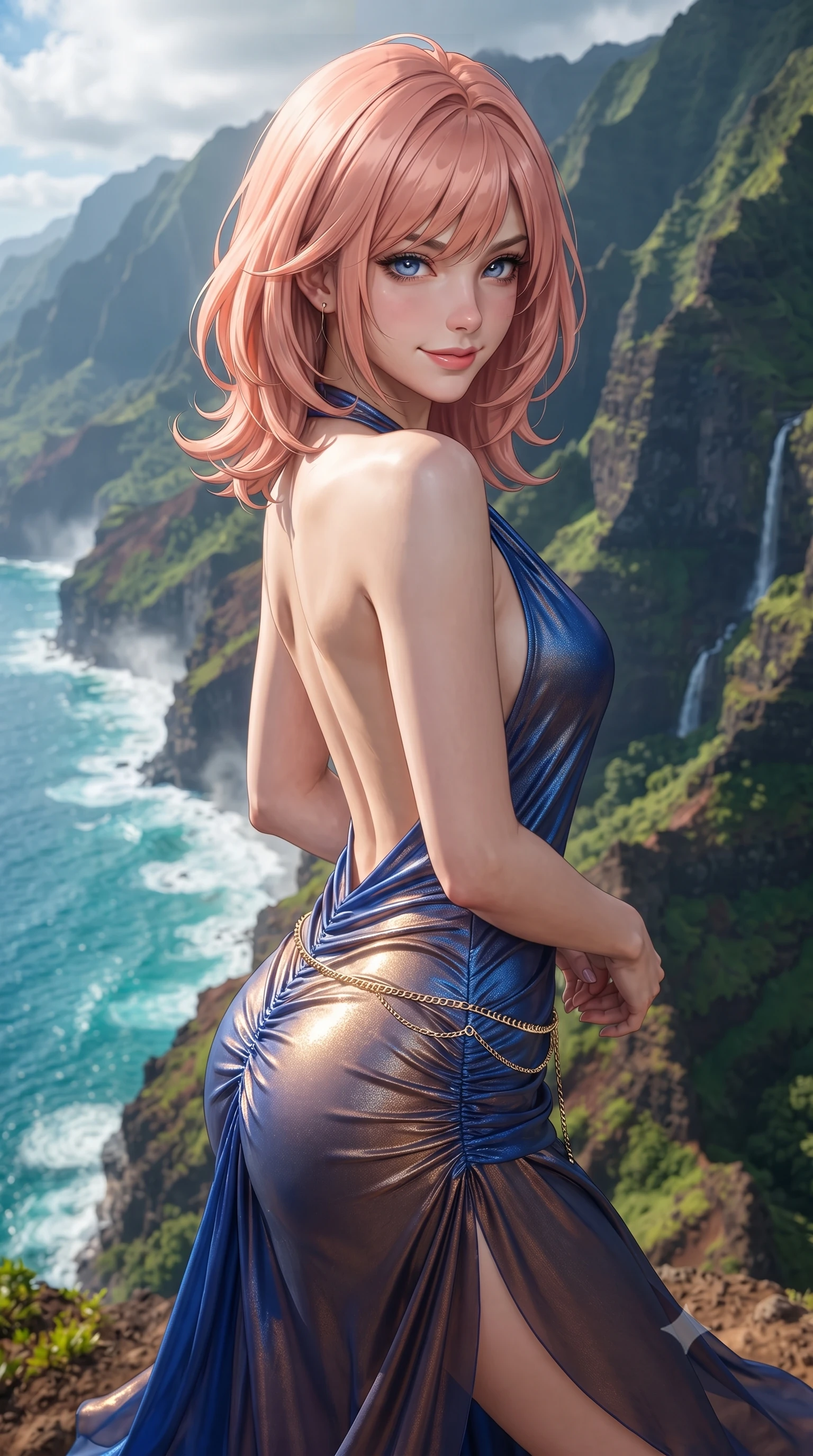 score_9, masterpiece, best quality, ultra-detailed, high-budget anime keyframe, editorial fashion photography, tasteful artistic composition, Japanese woman. close-up cowboy shot from the waist and thighs up, the character dominates the composition, filling the frame with her large presence. turning over a bare shoulder with an intoxicating, teasing smile, her soft hair framing her sharp jawline as her hips angle gracefully while standing on the dramatic razor-sharp mountain ridge high above the Pacific, arching her spine as sheer corrugated green cliffs plunge into turquoise surf. The composition keeps background elements in soft focus with creamy bokeh. rising ocean spray mists and cascading waterfall ribbons softened in exotic Hawaiian shallow focus. She has an exceptionally elegant, slender, and willowy female figure with an ultra-slim waist, flat toned midriff, narrow ribcage, and sculpted feminine hips creating an alluring, slim hourglass silhouette without bulk. sharp v-shaped jawline, high-bridge nose, intricate jewel-like eyes with depth, thick eyelashes, glossy parted lips with a natural sheen, intensely captivating and seductive bedroom-eyes expression, flawlessly proportioned anatomical accuracy, strict slender model proportions, natural body alignment, perfectly sculpted long slender limbs, ultra-slim waistline, clean dynamic posture without body distortion. wearing a plunging halter-neck metallic lamé column dress with a dramatic bare spine and hip-defining ruching in royal sapphire blue and liquid bronze, woven from layered gossamer chiffon with a weightless sweeping drape, accented with a delicate gold chain belt resting loosely on her curvy hips, the form-contouring material adhering flawlessly to her sculpted flat midriff and slender torso, emphasizing her long leg lines and perfectly proportioned willowy build. illuminated by intense turquoise ocean reflections sharply sculpting her razor-sharp jawline, narrow waist, and curvy hips. ultra-reflective glossy finish, specular highlights, rich textural contrasts, high-contrast stereoscopic depth, volumetric dynamic lighting, 2k, ultra detail, master piece, 9:16 ratio