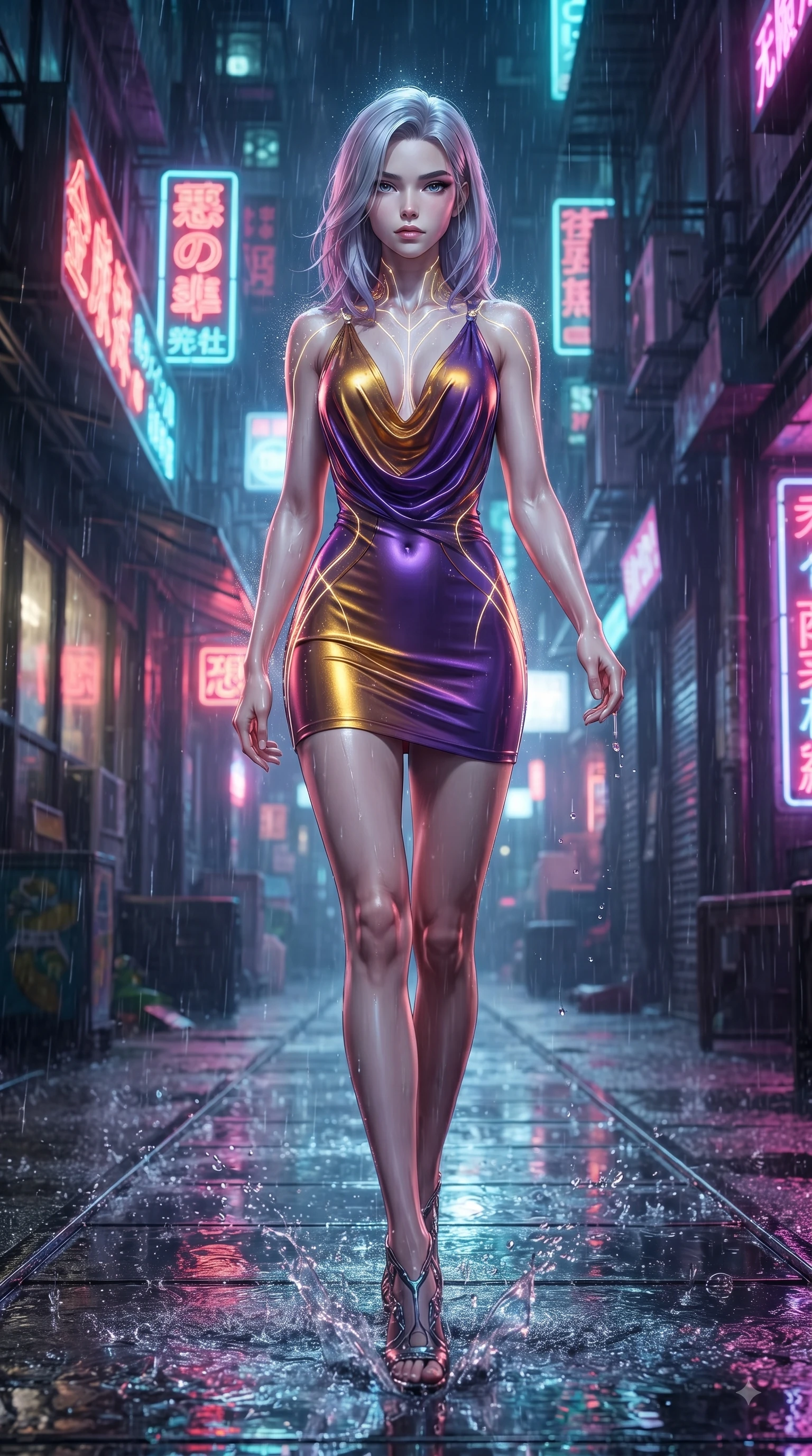 score_9, masterpiece, best quality, ultra-detailed, high-budget anime keyframe, editorial fashion photography, tasteful artistic composition, Caucasian woman. low angle full-body shot from head to toe showing her feet, filling the entire 9:16 vertical frame with her statuesque presence, stretching her vertical silhouette. striding forward in a proud, statuesque motion with a dangerous smolder, her vertical silhouette dominating the frame from head to toe while striding commanding down a glossy wet glass runway in a rain-drenched cyberpunk alley. The surrounding environment is rendered in vivid detail and crisp panoramic clarity. crisp rain droplet splashes, sharp neon sign typography, and wet reflective glass runway textures in deep focus. She has an absolutely perfect, statuesque 8.5-heads proportion, an exceptionally tall and slender model-like female figure with impossibly long slender legs and an ultra-slim waist. sharp v-shaped jawline, high-bridge nose, intricate jewel-like eyes with depth, thick eyelashes, glossy lips with a natural sheen, flawlessly proportioned anatomical accuracy, natural body alignment, perfectly sculpted elegant limbs, clean dynamic posture without body distortion. wearing a precision-fitted liquid jersey bodycon dress with a dramatic draped cowl back that swoops down to her waist in lustrous molten gold and pure deep violet, made of smooth iridescent silk chiffon that shifts colors with movement, accented with glowing fiber-optic seams tracing her collarbones and hip curves, the liquid-tight fabric adhering flawlessly to her sculpted torso and slender silhouette. illuminated by glistening rain highlights and high-contrast editorial flash lighting. ultra-reflective glossy finish, specular highlights, metallic sheen, high-contrast stereoscopic depth, volumetric dynamic lighting, 2k, ultra detail, master piece, 9:16 ratio