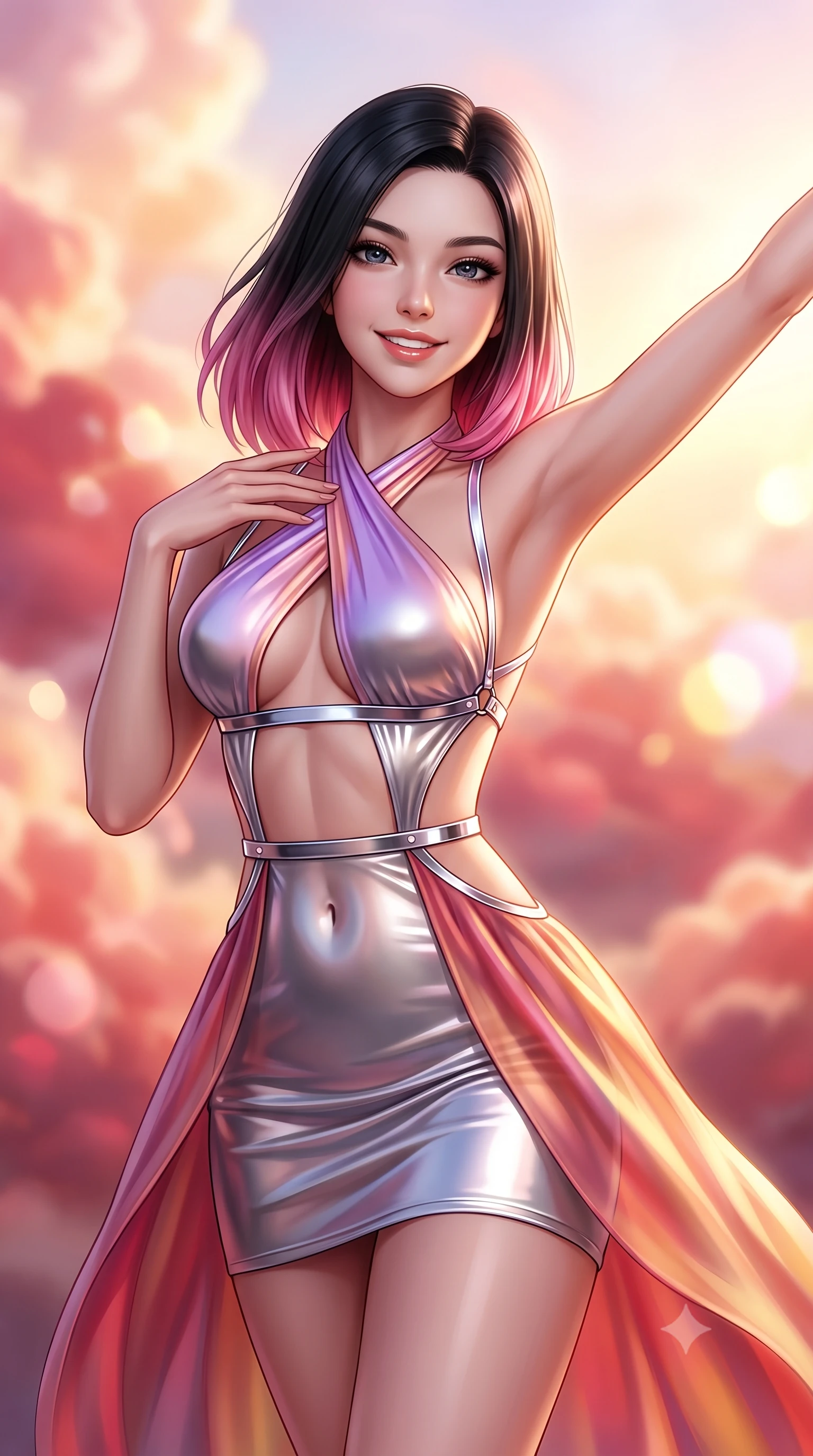 score_9, masterpiece, best quality, ultra-detailed, high-budget anime keyframe, semi-realistic 3D game render, editorial fashion photography, tasteful artistic composition, Korean woman. close-up cowboy shot from the waist and thighs up, the character dominates the composition, filling the frame with her large presence. extending one arm gracefully toward the light while her torso arches in a sleek, alluring curve with magnetic intensity while resting one hand near her collarbone with a radiant, sovereign smile gazing directly into the lens at sunrise. The composition keeps background elements in soft focus with creamy bokeh. billowing crimson, peach, and gold sunrise clouds blurred into radiant, luminous pastel bokeh. She has an exceptionally elegant, slender, and willowy female figure with an ultra-slim waist, a gracefully sculpted slender torso, toned flat midriff, and a refined slim silhouette. sharp v-shaped jawline, high-bridge nose, intricate jewel-like eyes with depth, thick eyelashes, glossy lips with a natural sheen, flawlessly proportioned anatomical accuracy, strict slender model proportions, natural body alignment, perfectly sculpted long slender limbs, ultra-slim waistline, clean dynamic posture without body distortion. wearing a molten silver liquid-metal mini dress featuring deep side-waist cutouts and a daring crossover halter neckline in luminous lavender violet and rose gold, made of smooth iridescent silk chiffon that shifts colors with movement, reinforced by a sleek metallic chrome harness and delicate glowing micro-straps, the liquid-tight tailored fabric emphasizing every curve of her tall, slender model proportions and sculptured silhouette during dynamic movement. surrounded by an awe-inspiring, supreme, and radiantly sensual goddess of dawn aura. highly saturated vibrant anime colors, detailed shading with soft gradients, rich glossy textures, high-contrast stereoscopic depth, volumetric dynamic lighting, master piece, 9:16 ratio