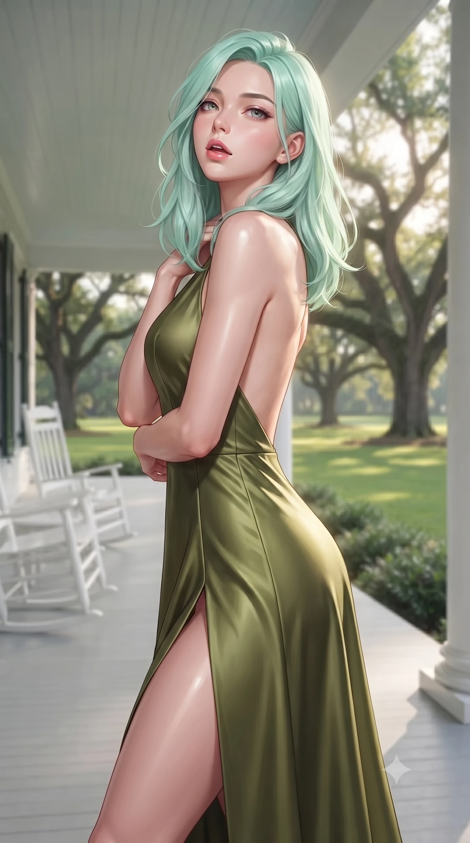 score_9, masterpiece, best quality, ultra-detailed, high-budget anime keyframe, editorial fashion photography, tasteful artistic composition, Japanese woman woman. close-up cowboy shot from the waist and thighs up, the character dominates the composition, filling the frame with her large presence, background elements kept in soft focus. tilting her chin up slightly with lips parted in a composed, provocative expression the background shows a soft-focus a wide white veranda with rocking chairs, overlooking a large green lawn with oak trees. She has an exceptionally elegant, slender, and willowy female figure with an ultra-slim waist, a gracefully sculpted slender torso, and a refined silhouette. sharp v-shaped jawline, high-bridge nose, intricate jewel-like eyes with depth, thick eyelashes, glossy lips with a natural sheen. wearing a tailored dramatic open-back maxi dress in olive green, featuring a high thigh slit. soft late afternoon sunbeams casting a nostalgic, peaceful glow. ultra-reflective glossy finish, specular highlights, metallic sheen, high-contrast stereoscopic depth, volumetric dynamic lighting, 2k, ultra detail, master piece, 9:16 ratio
