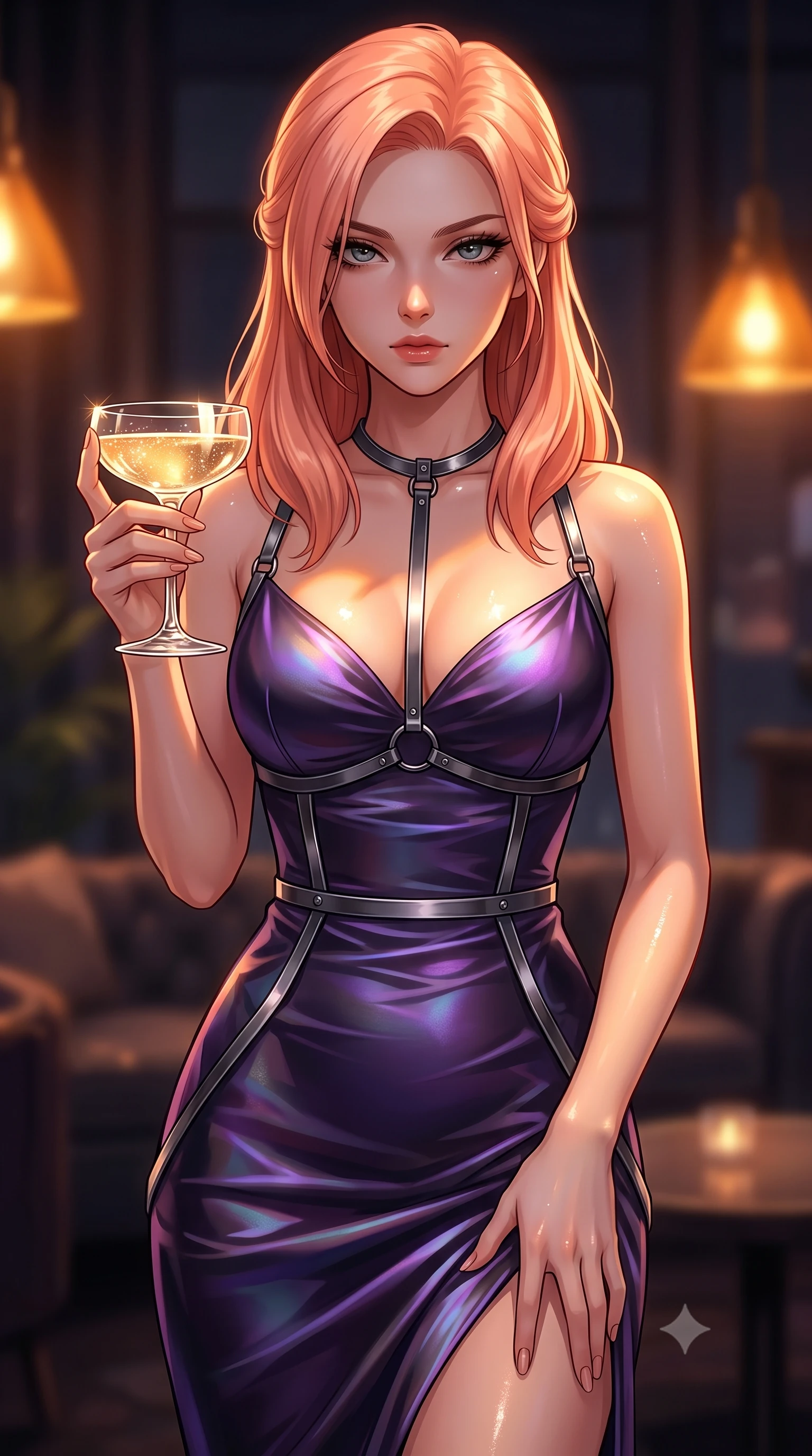 score_9, masterpiece, best quality, ultra-detailed, high-budget anime keyframe, editorial fashion photography, tasteful artistic composition, Japanese woman. close-up cowboy shot from the waist and thighs up, the character dominates the composition, filling the frame with her large presence, background elements kept in soft focus. Casting a slow, direct gaze beneath heavy lashes with quiet intensity, holding a crystal champagne coupe as soft golden light catches the liquid, low amber pendant spotlight casting intense key rays on her chest and shoulders. She has an exceptionally elegant, slender, and willowy female figure with an ultra-slim waist, a gracefully sculpted slender torso, and a refined silhouette. sharp v-shaped jawline, high-bridge nose, intricate jewel-like eyes with depth, thick eyelashes, glossy lips with a natural sheen. wearing form-contouring dark crimson liquid silk long slip dress in midnight navy blue, made of iridescent dark violet taffeta, highlighted by a gunmetal metallic harness structure, following her slender form with tailored precision. surrounded by moody chiaroscuro with sharp specular glints on glass and skin. highly saturated vibrant anime colors, detailed shading with soft gradients, rich glossy textures, high-contrast stereoscopic depth, volumetric dynamic lighting, master piece, 9:16 ratio