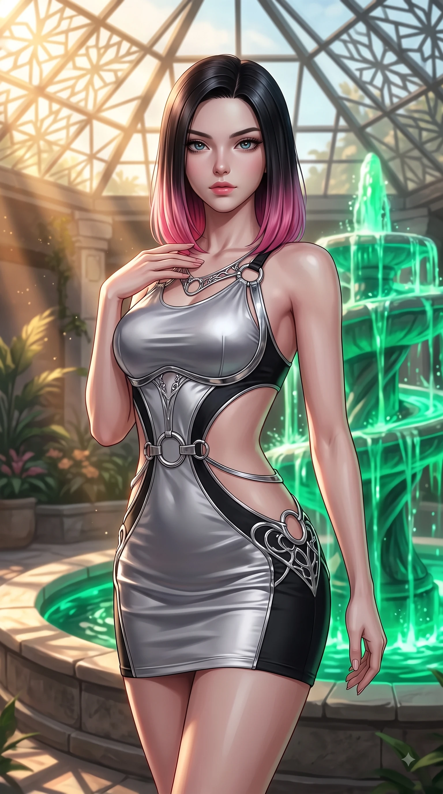 score_9, masterpiece, best quality, ultra-detailed, high-budget anime keyframe, editorial fashion photography, tasteful artistic composition, Korean woman. close-up cowboy shot from the waist and thighs up, the character dominates the composition, filling the frame with her large presence, background elements kept in soft focus. Pivoting her torso in an alluring S-curve alignment, one hand gently tracing her collarbone with poise while pivoting dynamically beside a hydro-flow spiral fountain flowing with bioluminescent emerald sap, intense volumetric sunbeams filtering through the glass ceiling, creating stencil shadows. She has an exceptionally elegant, slender, and willowy female figure with an ultra-slim waist, a gracefully sculpted slender torso, and a refined silhouette. sharp v-shaped jawline, high-bridge nose, intricate jewel-like eyes with depth, thick eyelashes, glossy lips with a natural sheen, flawlessly proportioned anatomical accuracy, natural body alignment, perfectly sculpted elegant limbs, clean dynamic posture without body distortion. wearing a dramatic open-waist cutout mini dress framed by sculptural hardware in matte black and polished silver, crafted from lustrous satin jersey with fluid draping, accented with delicate chrome ring hardware framing her waist, the sleek second-skin texture accentuating her magnetic presence. bathed in warm golden sunlight and soft emerald bioluminescent glow. ultra-reflective glossy finish, specular highlights, metallic sheen, high-contrast stereoscopic depth, volumetric dynamic lighting, 2k, ultra detail, master piece, 9:16 ratio