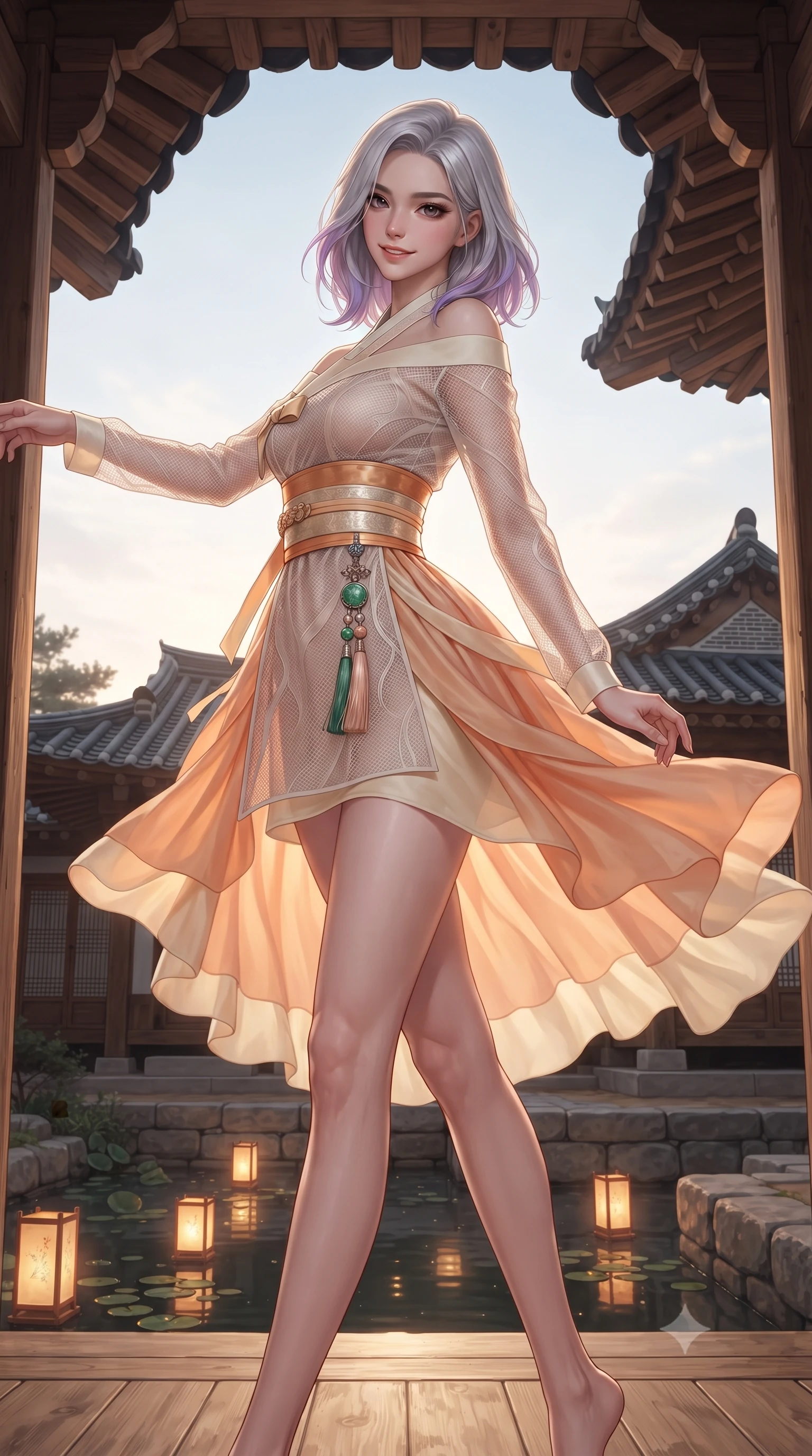 score_9, masterpiece, best quality, ultra-detailed, high-budget anime keyframe, editorial fashion photography, tasteful artistic composition, Caucasian woman. low angle full-body shot from head to toe showing her feet, filling the entire 9:16 vertical frame with her statuesque presence, stretching her vertical silhouette. executing a graceful dancer pivot turn as her layered silk chima skirt flutters around her slender legs, glancing over her shoulder with an intoxicating bedroom-gaze while lounging in an open wooden royal pavilion with legs crossed, her long slender limbs and toned midriff framed by ancient Korean roof eaves. The surrounding environment is rendered in vivid detail and crisp panoramic clarity: detailed silk organza weave, moonlight specular reflections on skin, and classical Korean palace architecture in high resolution. She has an absolutely perfect, statuesque 8.5-heads proportion, an exceptionally tall and slender model-like female figure with impossibly long slender legs, an ultra-slim waist, a flat toned midriff, narrow delicate ribcage, and beautifully sculpted feminine hips creating a graceful, slim hourglass silhouette without any bulky heaviness. sharp v-shaped jawline, high-bridge nose, intricate jewel-like dark sparkling almond eyes with depth, thick lashes, glossy parted lips with a natural rose-plum sheen, bright alluring and coquettish smile with bedroom-eyes, exuding both timeless oriental elegance and sovereign high-fashion allure, flawlessly proportioned anatomical accuracy, strict slender model proportions, natural body alignment, perfectly sculpted long slender limbs, ultra-slim waistline, clean dynamic posture without body distortion. wearing an asymmetric off-shoulder cyber-kimono mini dress with a wide metallic obi corset belt accentuating her narrow waist in warm peach apricot and soft vanilla silk, made of sheer technical micro-mesh with contouring shadow effects, finished with an ornate modern norigae tassel with polished jade and chrome charms resting on her curvy hips, the form-contouring cut accentuating her sculpted flat midriff, narrow delicate ribcage, and gracefully curvy hips with regal oriental supermodel elegance. illuminated by warm paper lantern reflections on the pond water and sharp platinum rim lights defining her razor-sharp jawline, narrow waist, and curvy hips. ultra-reflective glossy finish, specular highlights, rich textural contrasts, high-contrast stereoscopic depth, volumetric dynamic lighting, 2k, ultra detail, master piece, 9:16 ratio