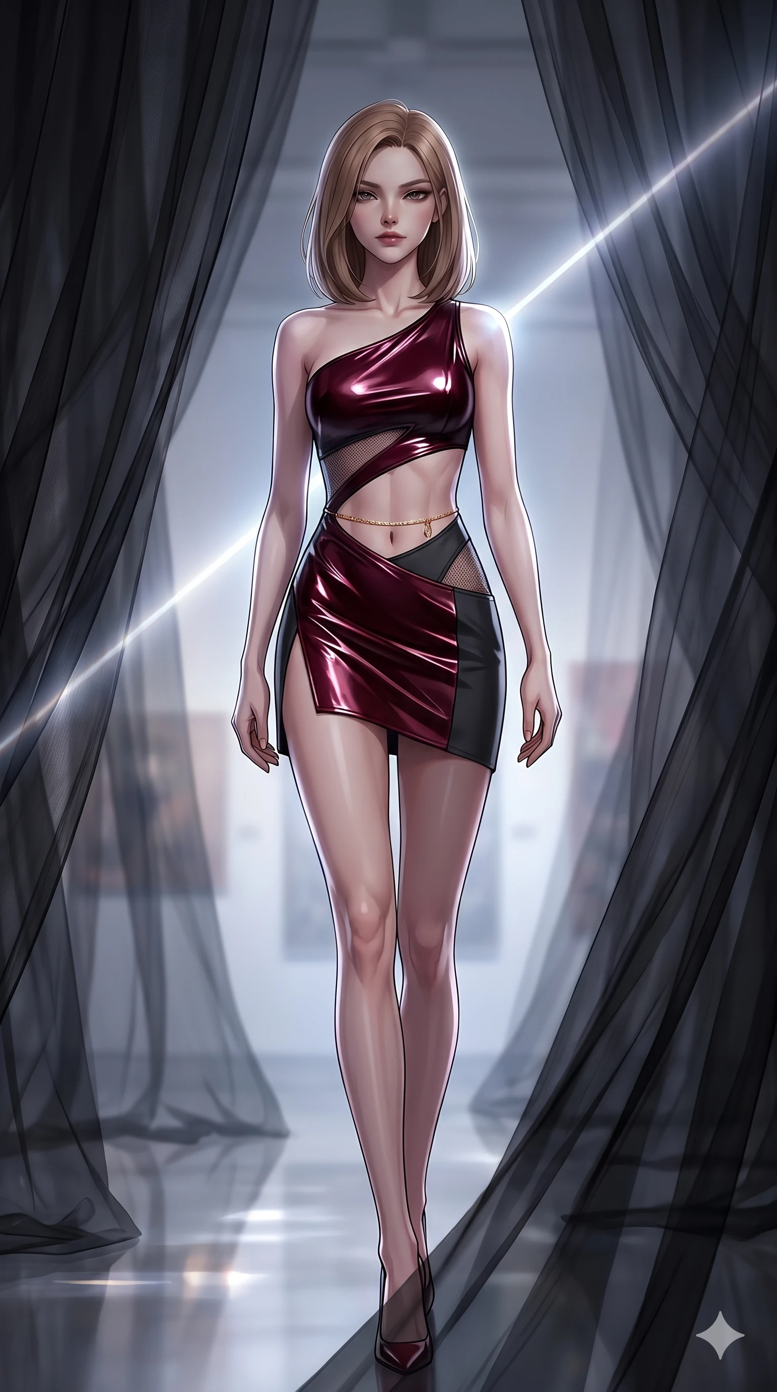 score_9, masterpiece, best quality, ultra-detailed, high-budget anime keyframe, semi-realistic 3D game render, editorial fashion photography, tasteful artistic composition, Korean woman. low angle full-body shot from head to toe showing her feet, filling the entire 9:16 vertical frame with her statuesque presence, stretching her vertical silhouette. stepping forward into the sharp laser beam, her long slender legs and curvy hips creating a sweeping vertical line while walking dynamically through the labyrinth of black gossamer drapes, her long slender legs and curvaceous hips creating a sweeping vertical line. The background shows a soft-focus avant-garde modern art pavilion softened in conceptual museum shallow focus. She has an absolutely perfect, statuesque 8.5-heads proportion, an exceptionally tall and slender model-like female figure with impossibly long slender legs, an ultra-slim waist, a flat toned midriff, narrow delicate ribcage, and beautifully sculpted feminine hips creating a graceful, slim hourglass silhouette without any bulky heaviness. sharp v-shaped jawline, high-bridge nose, intricate jewel-like dark sparkling eyes with hypnotic seductive depth, thick curled eyelashes, glossy parted lips with a natural wine sheen, alluring bedroom-eyes with an enigmatic smoldering smile, exuding magnetic sovereign charisma and dark avant-garde glamour, flawlessly proportioned anatomical accuracy, strict slender model proportions, natural body alignment, perfectly sculpted long slender limbs, ultra-slim waistline, clean dynamic posture without body distortion. wearing an asymmetric one-shoulder metallic patent leather mini dress with a dramatic side slit hugging her hips in deep crimson burgundy and matte charcoal, featuring strategic sheer-illusion micro-mesh cutouts along her ribcage and hip flanks, accented with a dainty gold belly chain resting across her flat midriff and curving hips, accentuating her gracefully sculpted slender torso and statuesque proportions. illuminated by polished gallery floor bounce and sharp diamond-platinum rim lights sculpting her razor-sharp jawline, narrow waist, and curvy hips. highly saturated vibrant anime colors, detailed shading with soft gradients, rich glossy textures, high-contrast stereoscopic depth, volumetric dynamic lighting, master piece, 9:16 ratio