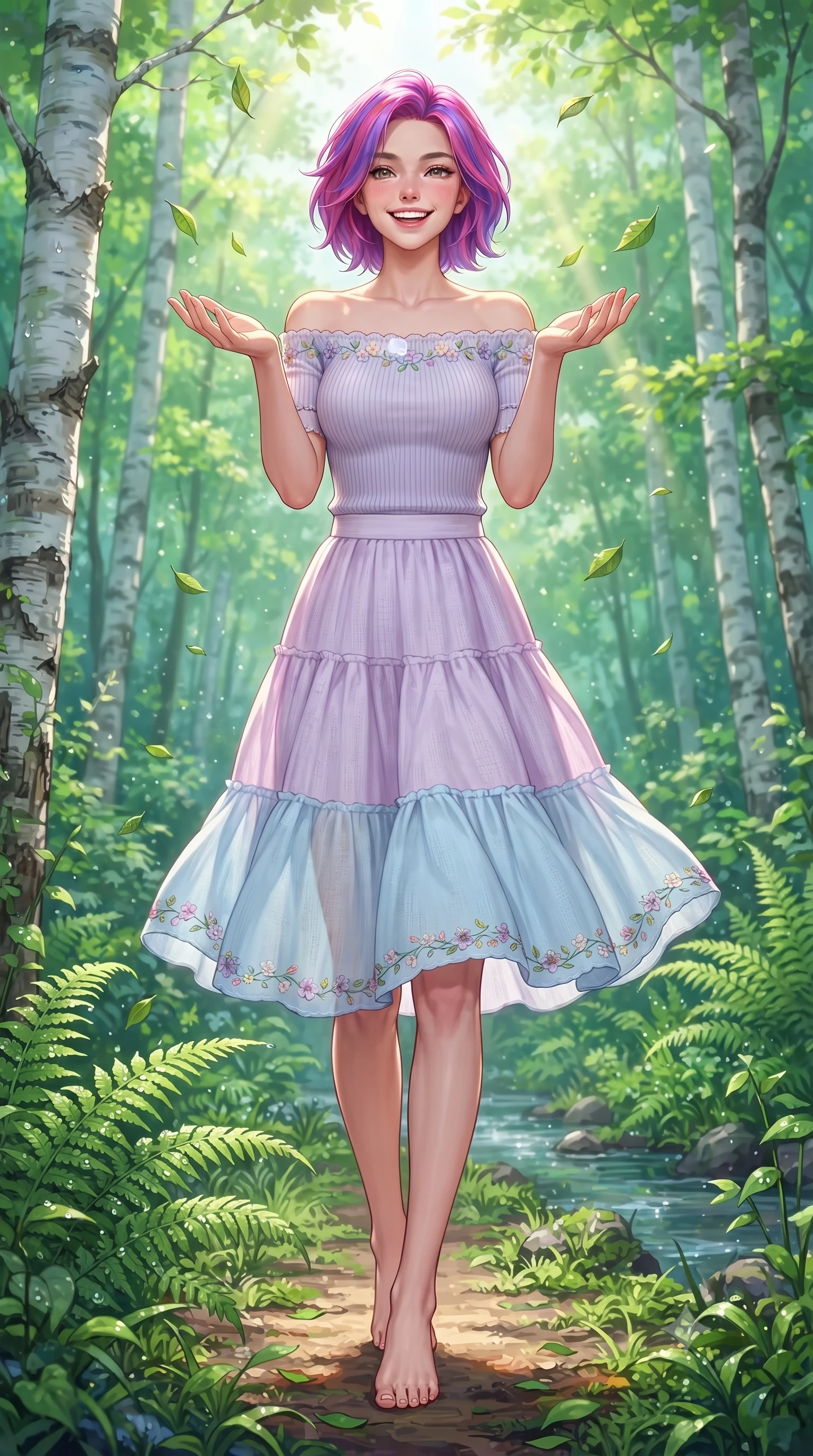 score_9, masterpiece, best quality, ultra-detailed, high-budget anime keyframe, editorial fashion photography, tasteful artistic composition, Caucasian woman. low angle full-body shot from head to toe showing her feet, filling the entire 9:16 vertical frame with her statuesque presence, stretching her vertical silhouette. walking forward in a cheerful, dynamic stride with a radiant beaming smile, her statuesque silhouette filling the frame while catching dancing sunbeams and falling green leaves with cupped hands in a joyful, dynamic pose. The surrounding environment is rendered in vivid detail and crisp panoramic clarity. distinct white birch bark textures, dewdrops on emerald fern fronds, and crystal stream ripples in deep focus. She has an absolutely perfect, statuesque 8.5-heads proportion, an exceptionally tall and slender model-like female figure with impossibly long slender legs, a toned flat midriff, and an ultra-slim waist. sharp v-shaped jawline, high-bridge nose, intricate jewel-like eyes with depth, thick eyelashes, glossy lips with a natural sheen, pure and lovely fresh girlhood expression, flawlessly proportioned anatomical accuracy, strict slender model proportions, natural body alignment, perfectly sculpted long slender limbs, ultra-slim waistline, clean dynamic posture without body distortion. wearing a fresh off-shoulder ribbed knit top paired with a tiered white cotton midi skirt in soft pastel lavender and delicate sky blue, tailored from soft pastel lightweight wool blend with subtle texture, complemented by subtle floral embroidery along the neckline and hem, the breezy lightweight fabric fluttering softly against her delicate collarbones, narrow waist, and feminine curves. surrounded by a pure, healing, and magically enchanting forest fairy maiden aura. ultra-reflective glossy finish, specular highlights, rich natural textures, high-contrast stereoscopic depth, volumetric dynamic lighting, 2k, ultra detail, master piece, 9:16 ratio