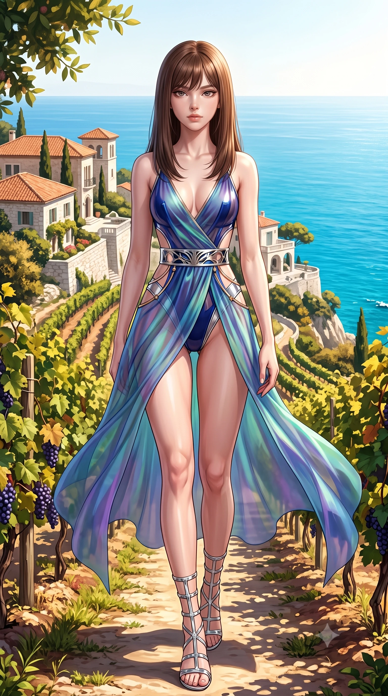 score_9, masterpiece, best quality, ultra-detailed, high-budget anime keyframe, semi-realistic 3D game render, editorial fashion photography, tasteful artistic composition, Korean woman. low angle full-body shot from head to toe showing her feet, filling the entire 9:16 vertical frame with her statuesque presence, stretching her vertical silhouette. striding forward in a proud, statuesque motion with a dangerous smolder, her vertical silhouette dominating the frame from head to toe while stepping along a terraced vineyard path as warm Mediterranean breezes flutter her lightweight silk wrap. The surrounding environment is rendered in vivid detail and crisp panoramic clarity. vibrant Mediterranean colors and luxury cliffside estate architecture in panoramic sharpness. She has an absolutely perfect, statuesque 8.5-heads proportion, an exceptionally tall and slender model-like female figure with impossibly long slender legs, a toned flat midriff, and an ultra-slim waist. sharp v-shaped jawline, high-bridge nose, intricate jewel-like eyes with depth, thick eyelashes, glossy lips with a natural sheen, flawlessly proportioned anatomical accuracy, strict slender model proportions, natural body alignment, perfectly sculpted long slender limbs, ultra-slim waistline, clean dynamic posture without body distortion. wearing a high-cut translucent vinyl leotard with front paneling, exposed side-rib cutouts, and an open back in deep royal navy blue and specular chrome, made of smooth iridescent silk chiffon that shifts colors with movement, reinforced by a sleek metallic chrome harness and delicate glowing micro-straps, the precision-cut daring openings accentuating her delicate midriff, graceful bare collarbones, and ultra-slim feminine waistline. surrounded by an exclusive, sun-drenched, and effortlessly seductive European luxury lifestyle aura. highly saturated vibrant anime colors, detailed shading with soft gradients, rich glossy textures, high-contrast stereoscopic depth, volumetric dynamic lighting, master piece, 9:16 ratio