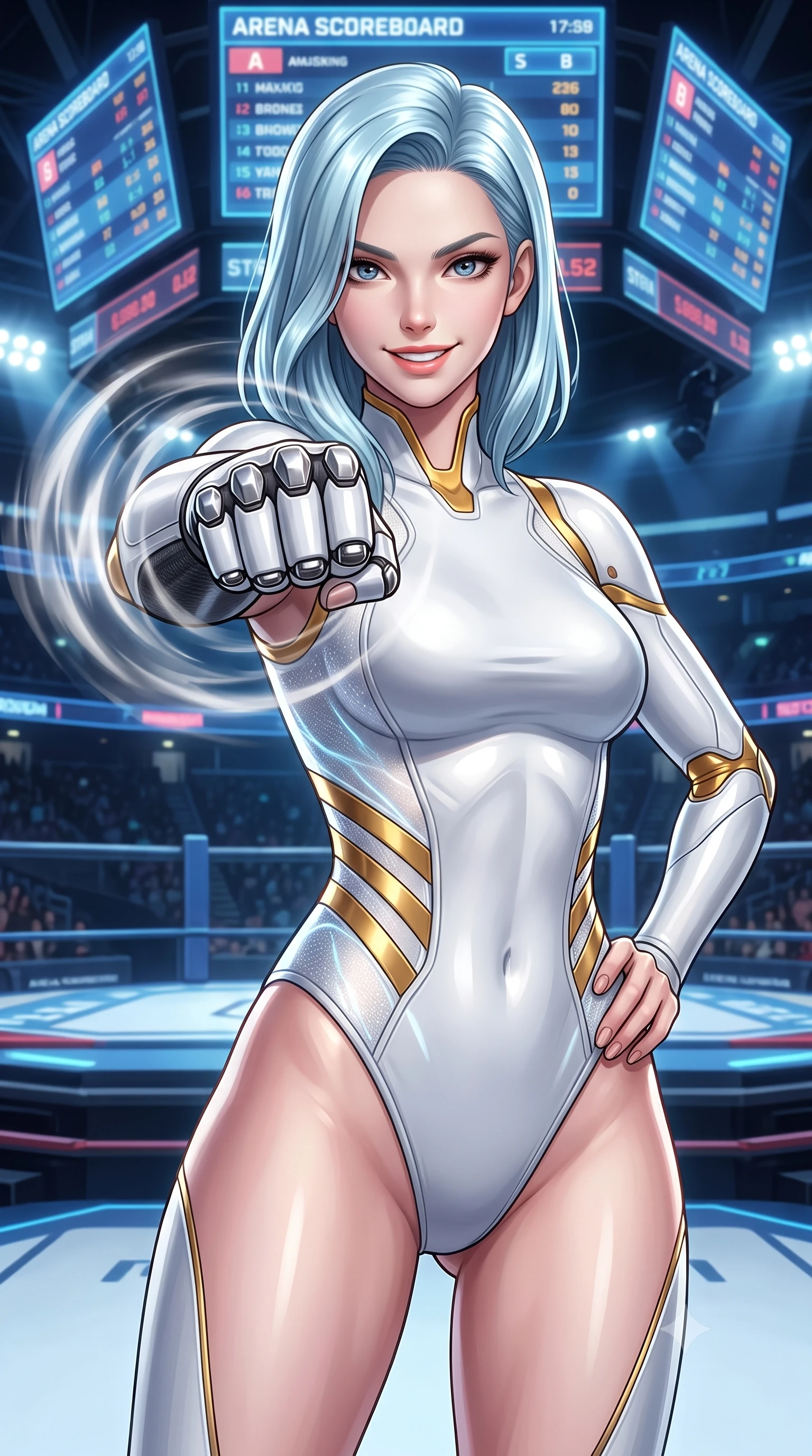 score_9, masterpiece, best quality, ultra-detailed, high-budget anime keyframe, semi-realistic 3D game render, editorial fashion photography, tasteful artistic composition, Korean woman. close-up cowboy shot from the waist and thighs up, the character dominates the composition, filling the frame with her large presence. thrusting a high-speed kinetic punch toward the camera, a visible conical shockwave distortion wrapping around her sleek carbon forearm while resting one hand on her hip with a fearless, captivating battle smile as giant holographic arena scoreboards flash overhead. The surrounding environment is rendered in vivid detail and crisp panoramic clarity. high-contrast cyberpunk sports chiaroscuro and raw kinetic energy captured with environmental precision. She has an exceptionally elegant, slender, and willowy female figure with an ultra-slim waist, a gracefully sculpted slender torso, toned flat midriff, and a refined slim silhouette. sharp v-shaped jawline, high-bridge nose, intricate jewel-like eyes with depth, thick eyelashes, glossy lips with a natural sheen, flawlessly proportioned anatomical accuracy, strict slender model proportions, natural body alignment, perfectly sculpted long slender limbs, ultra-slim waistline, clean dynamic posture without body distortion. wearing a form-contouring arctic white carbon-composite martial arts leotard with solar gold articulation joints and diagonal midriff vents in arctic white carbon composite with radiant solar gold plating, crafted from semi-translucent cybernetic carbon-vinyl interwoven with glowing micro-filaments, detailed with magnetic knuckle shock-absorbers and polished chrome articulation joints, the precision-cut daring openings accentuating her delicate midriff, graceful bare collarbones, and ultra-slim feminine waistline. illuminated by crisp white key lighting with sharp specular highlights tracing her sculpted athletic curves. rich saturated anime colors with glowing neon highlights, detailed shading with soft gradients, rich glossy textures, high-contrast stereoscopic depth, volumetric dynamic lighting, master piece, 9:16 ratio