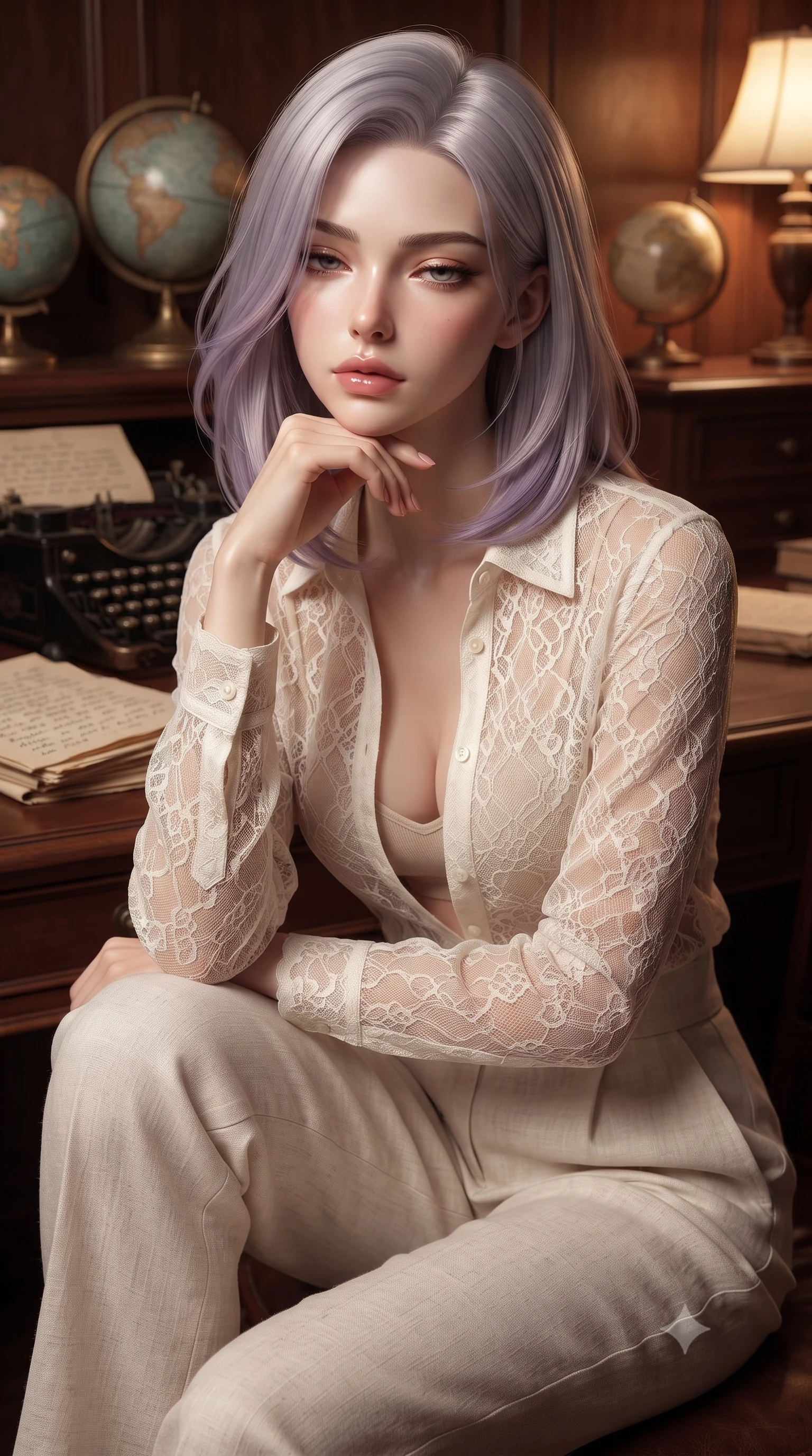 score_9, masterpiece, best quality, ultra-detailed, high-budget anime keyframe, editorial fashion photography, tasteful artistic composition, Caucasian woman. close-up cowboy shot from the waist and thighs up, the character dominates the composition, filling the frame with her large presence, background elements kept in soft focus. resting her chin on the backs of her fingers, casting a heavy-lidded, sultry look past the camera the background shows a soft-focus a cozy personal study with vintage globes, typewriters, and handwritten manuscripts. She has an exceptionally elegant, slender, and willowy female figure with an ultra-slim waist, a gracefully sculpted slender torso, and a refined silhouette. sharp v-shaped jawline, high-bridge nose, intricate jewel-like eyes with depth, thick eyelashes, glossy lips with a natural sheen. wearing a tailored sheer lace blouse in ivory white, worn over a simple beige bralette and high-waisted linen trousers. warm table lamp light casting cozy, nostalgic shadows on the mahogany desk. ultra-reflective glossy finish, specular highlights, metallic sheen, high-contrast stereoscopic depth, volumetric dynamic lighting, 2k, ultra detail, master piece, 9:16 ratio